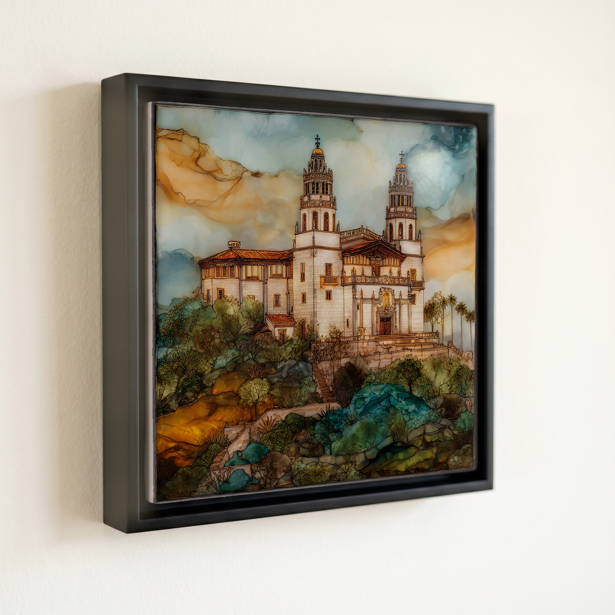 shown in a slim black floating frame · 6 × 6 in