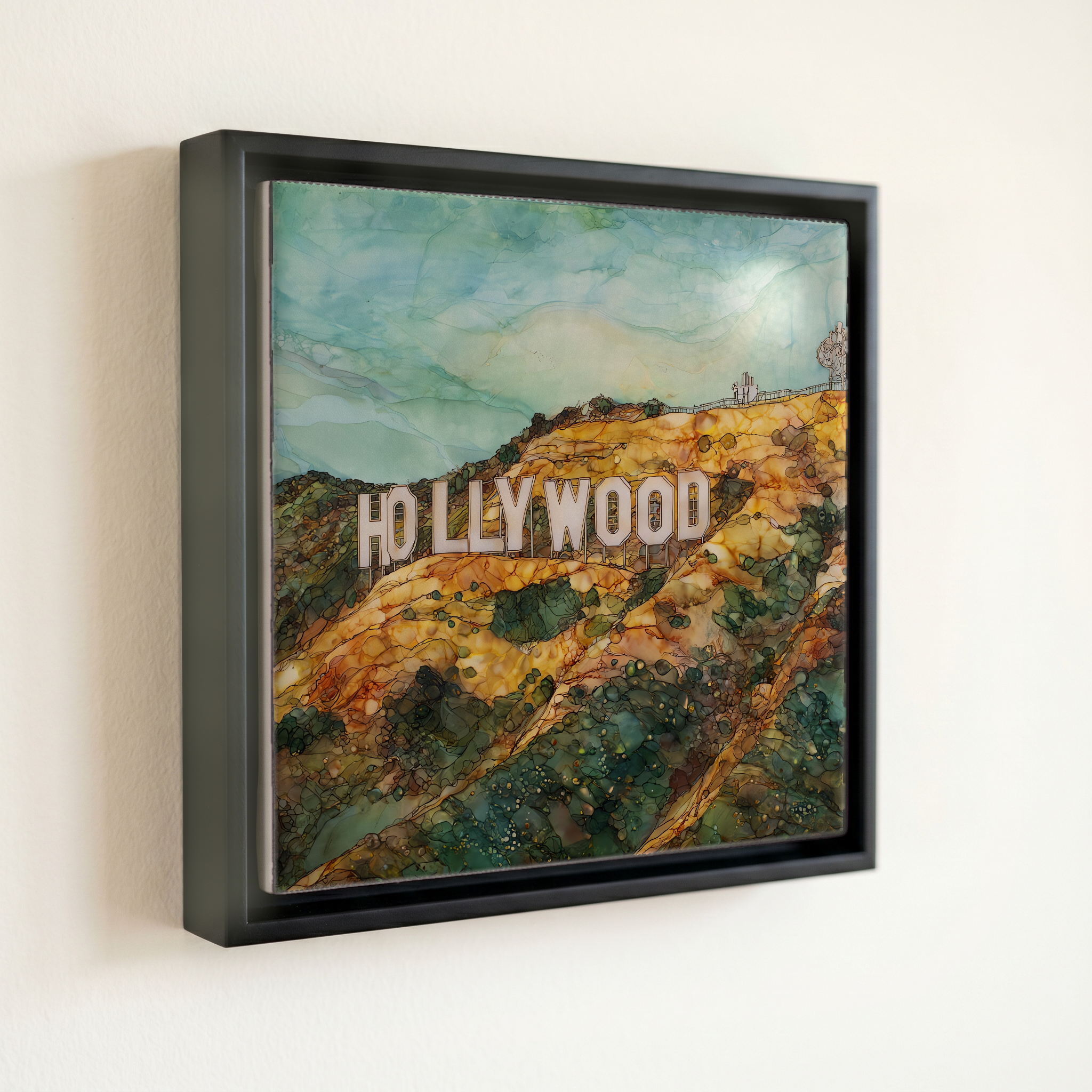 shown in a slim black floating frame · 6 × 6 in