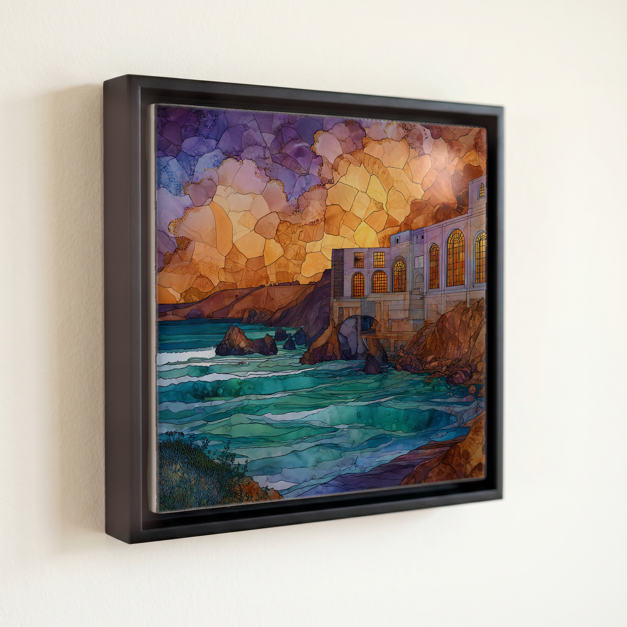 shown in a slim black floating frame · 6 × 6 in
