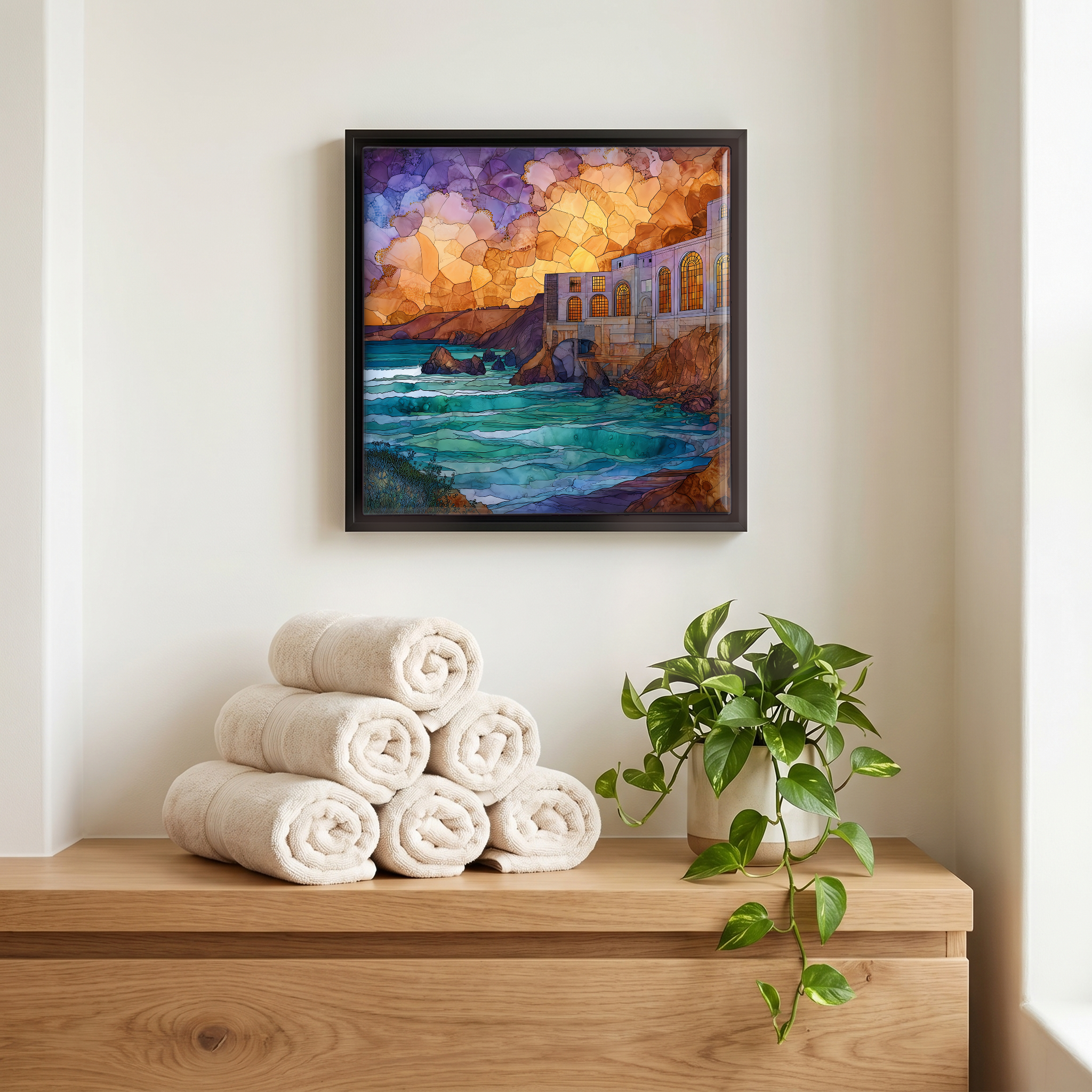 Above the linens, in a slim black surround.