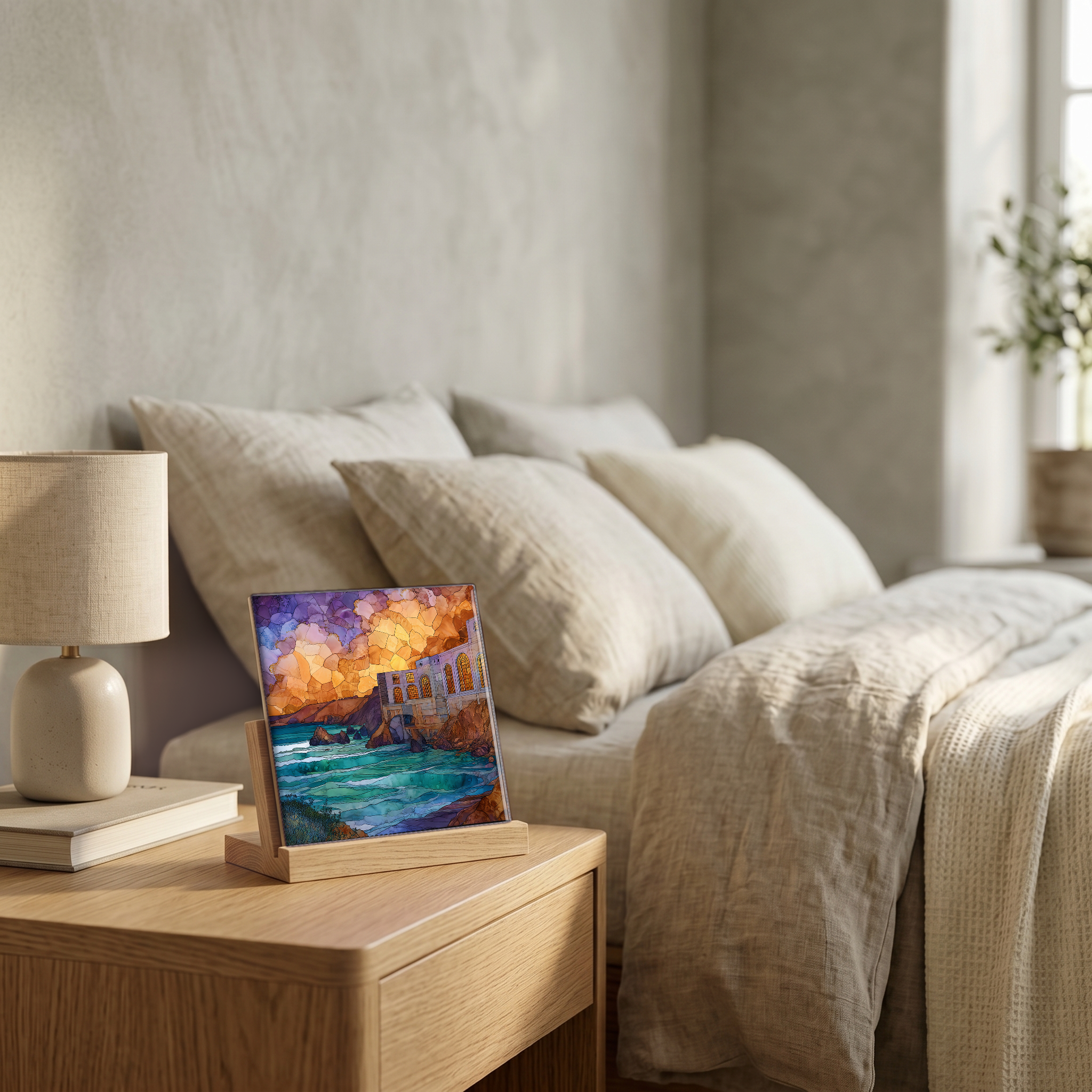 On the nightstand, on a light oak stand.
