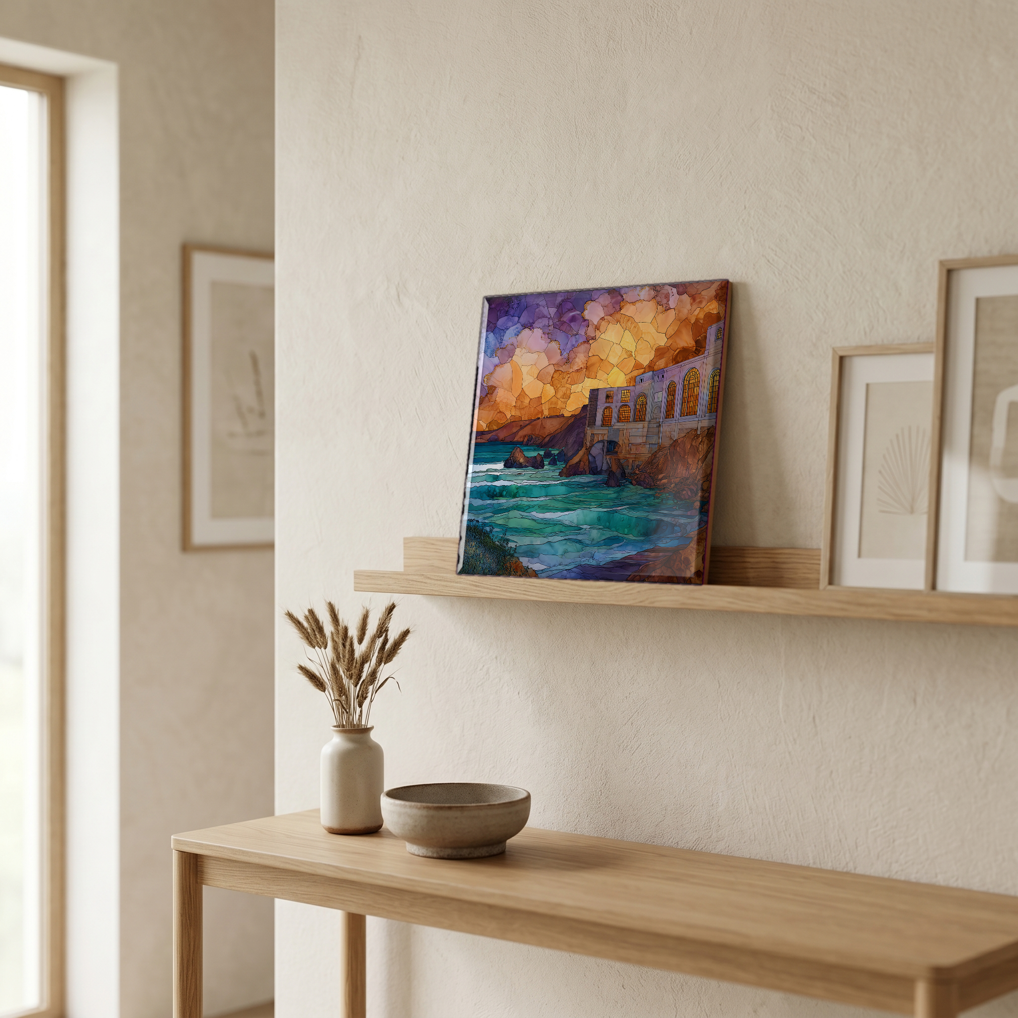 On a picture ledge, where the light comes in.