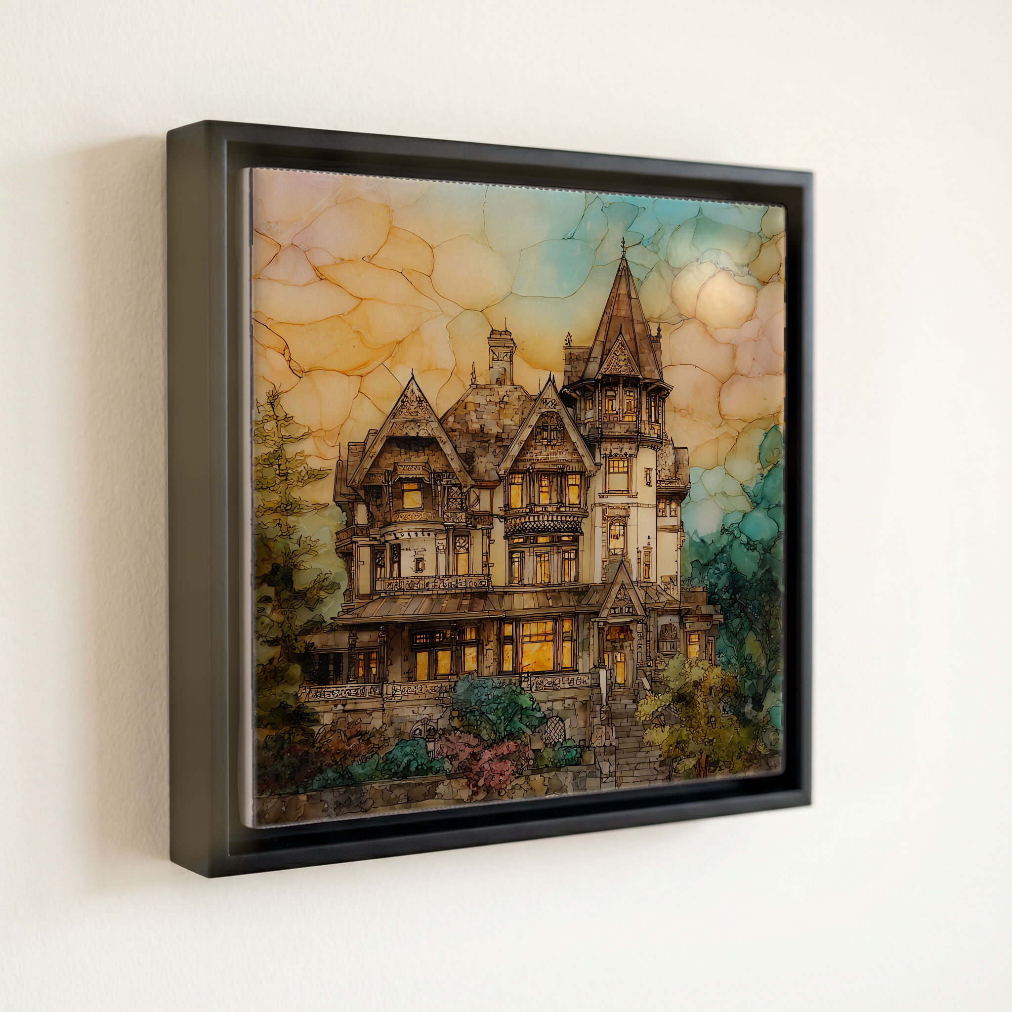 shown in a slim black floating frame · 6 × 6 in