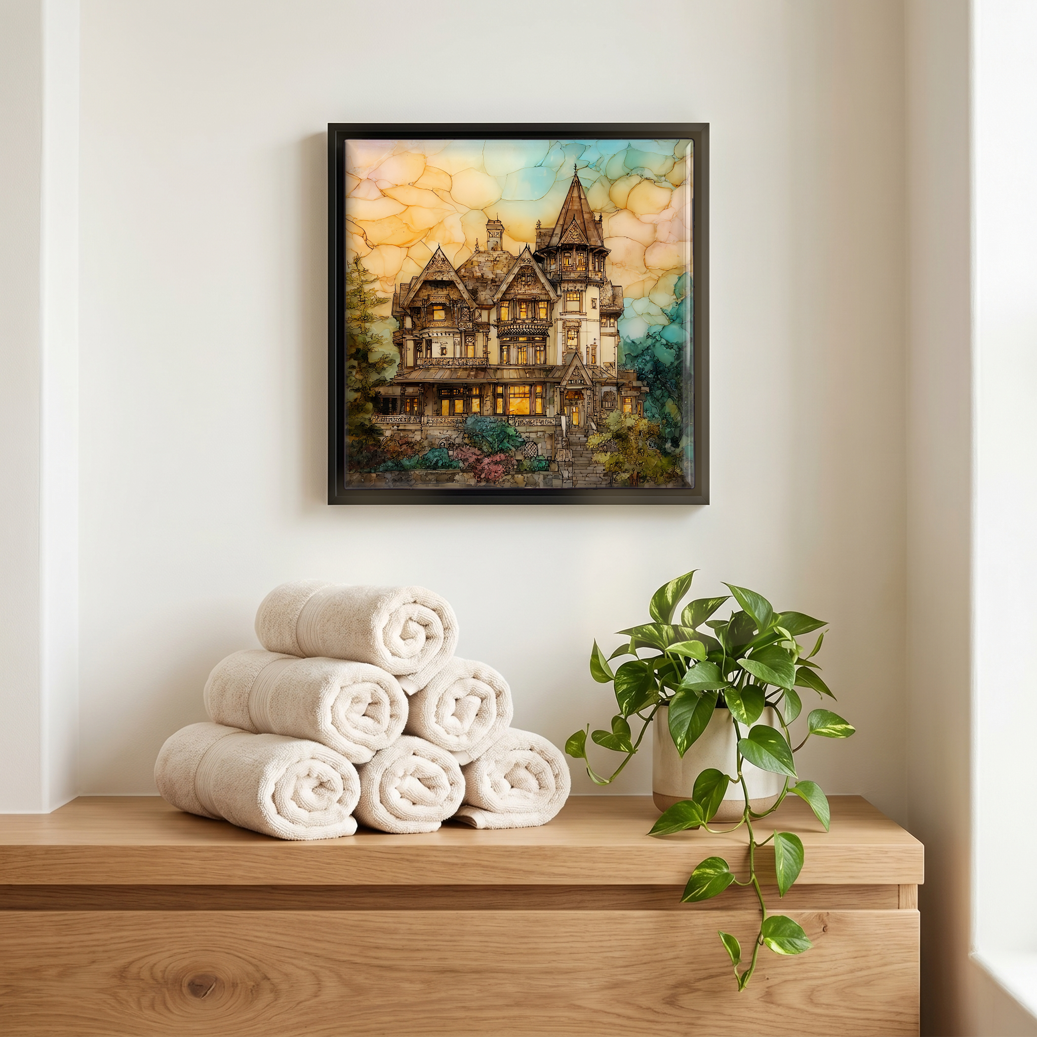 Above the linens, in a slim black surround.