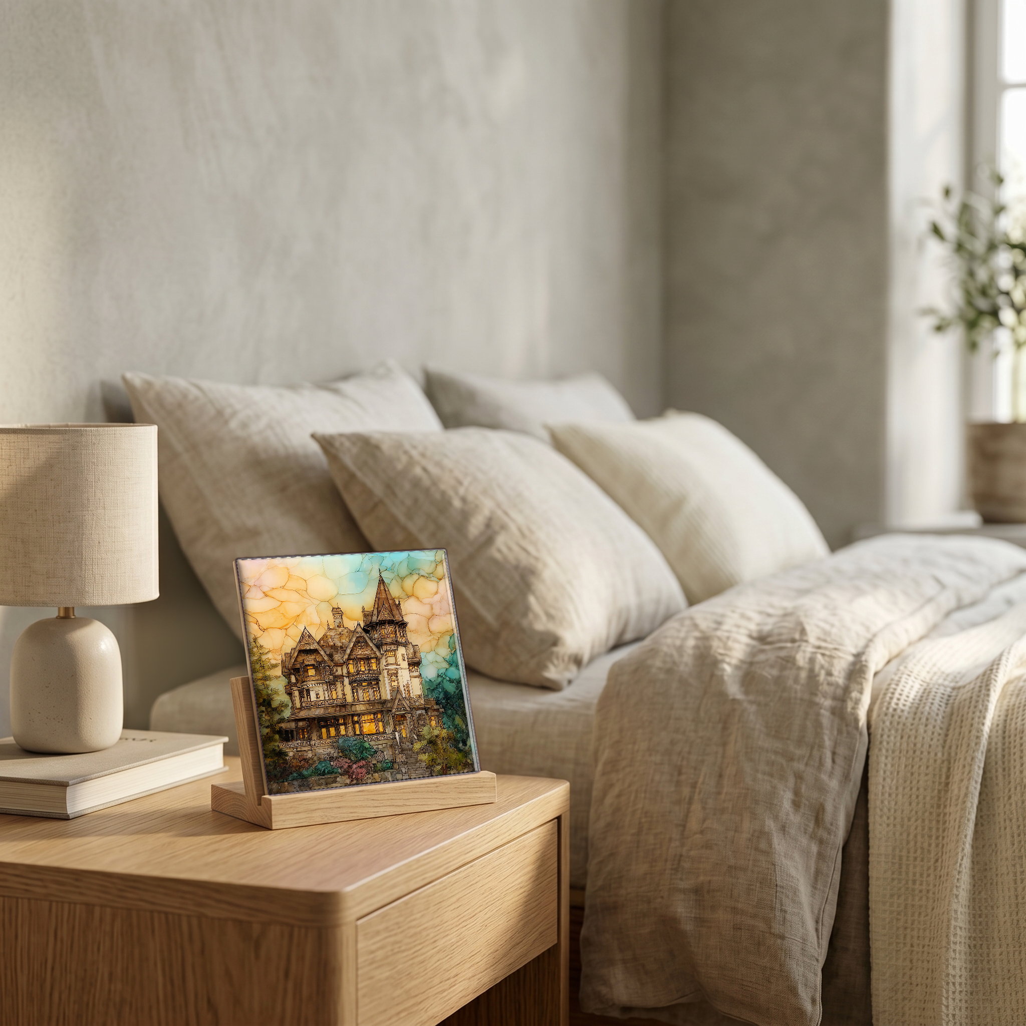 On the nightstand, on a light oak stand.