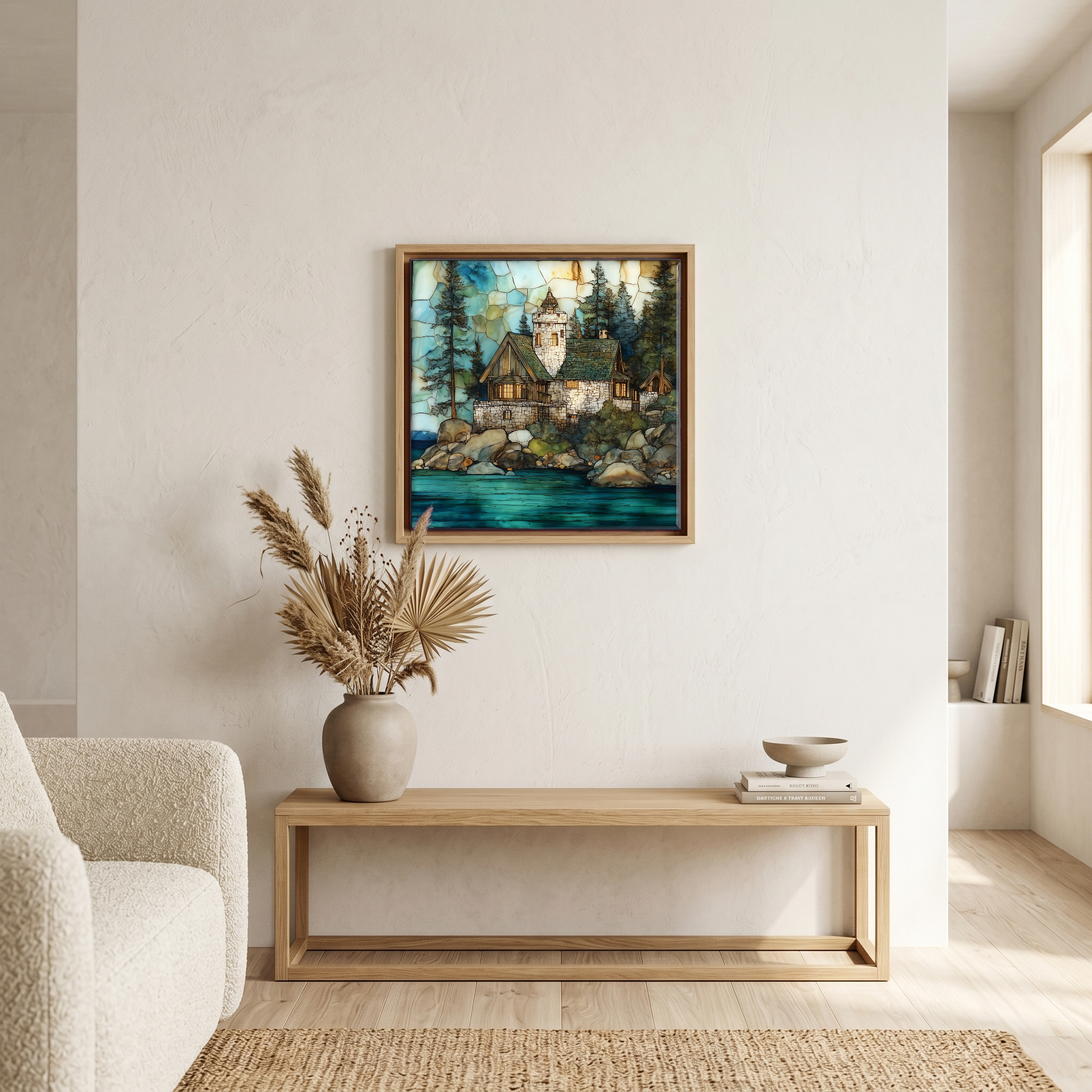 Above the bench, in a warm oak surround.