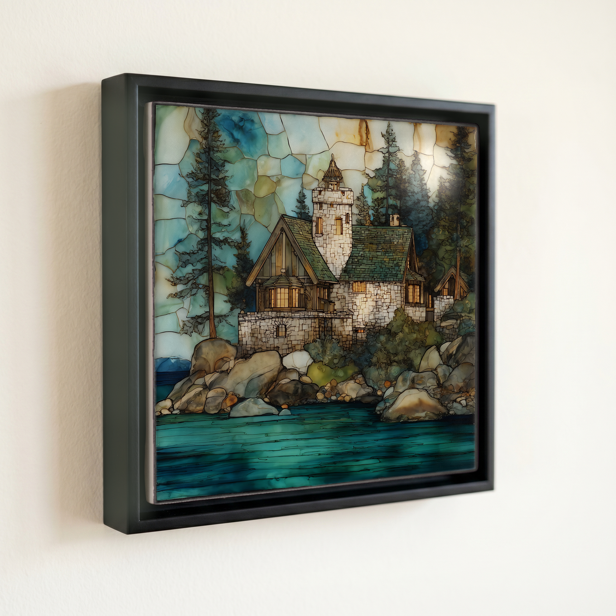 shown in a slim black floating frame · 6 × 6 in