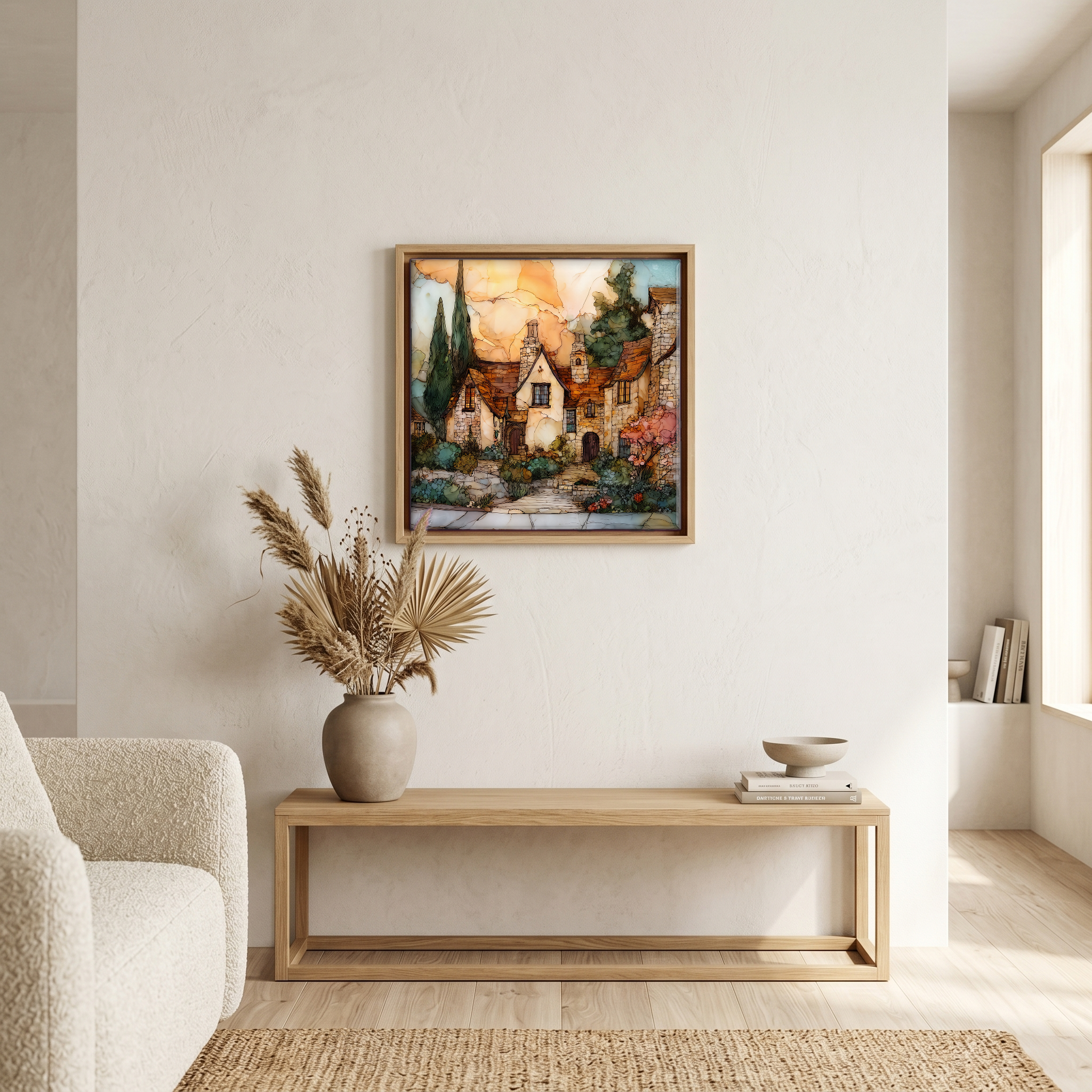 Above the bench, in a warm oak surround.