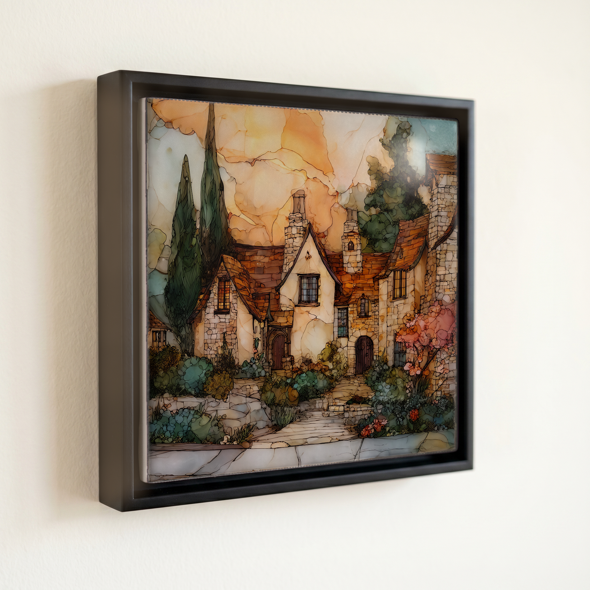 shown in a slim black floating frame · 6 × 6 in