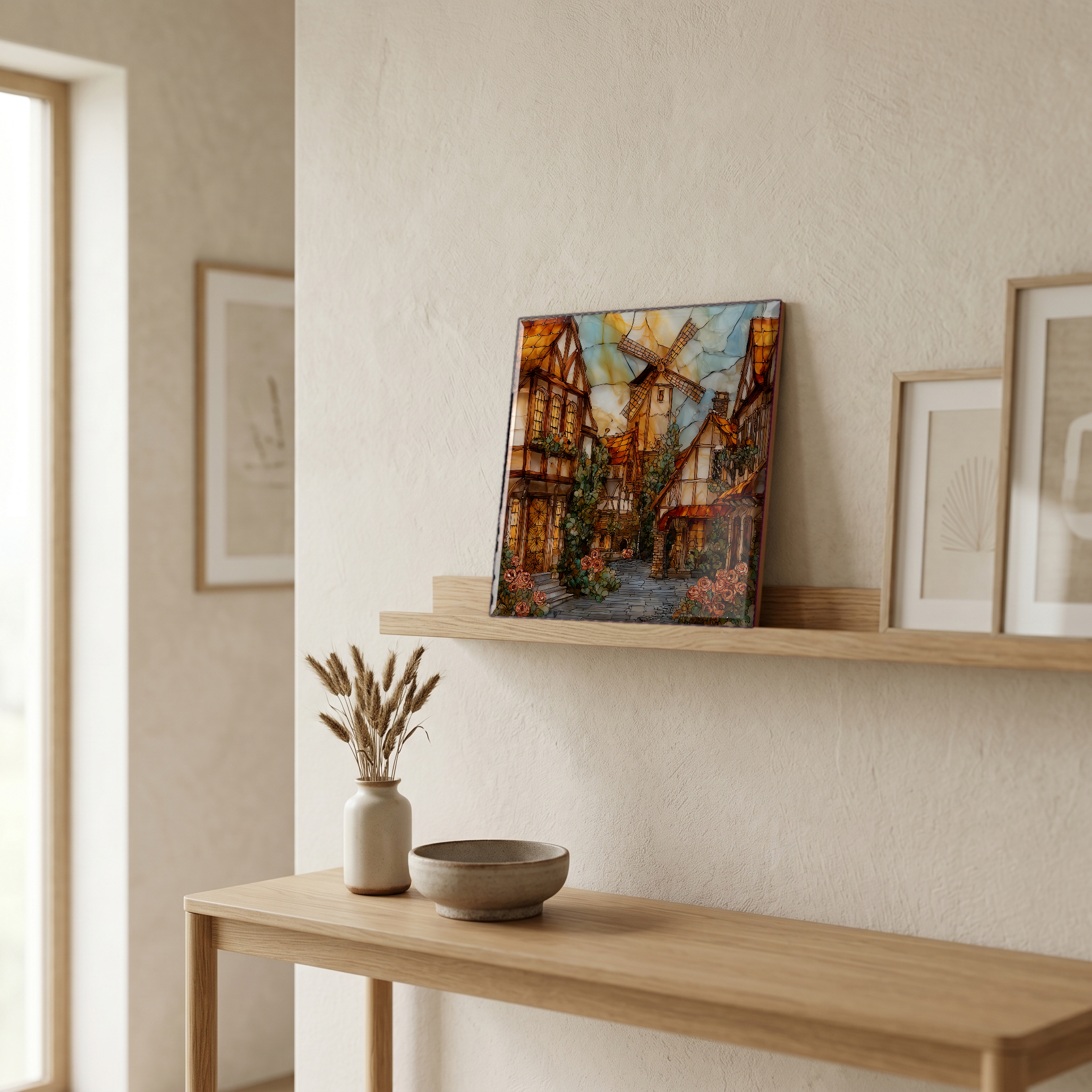 On a picture ledge, where the light comes in.