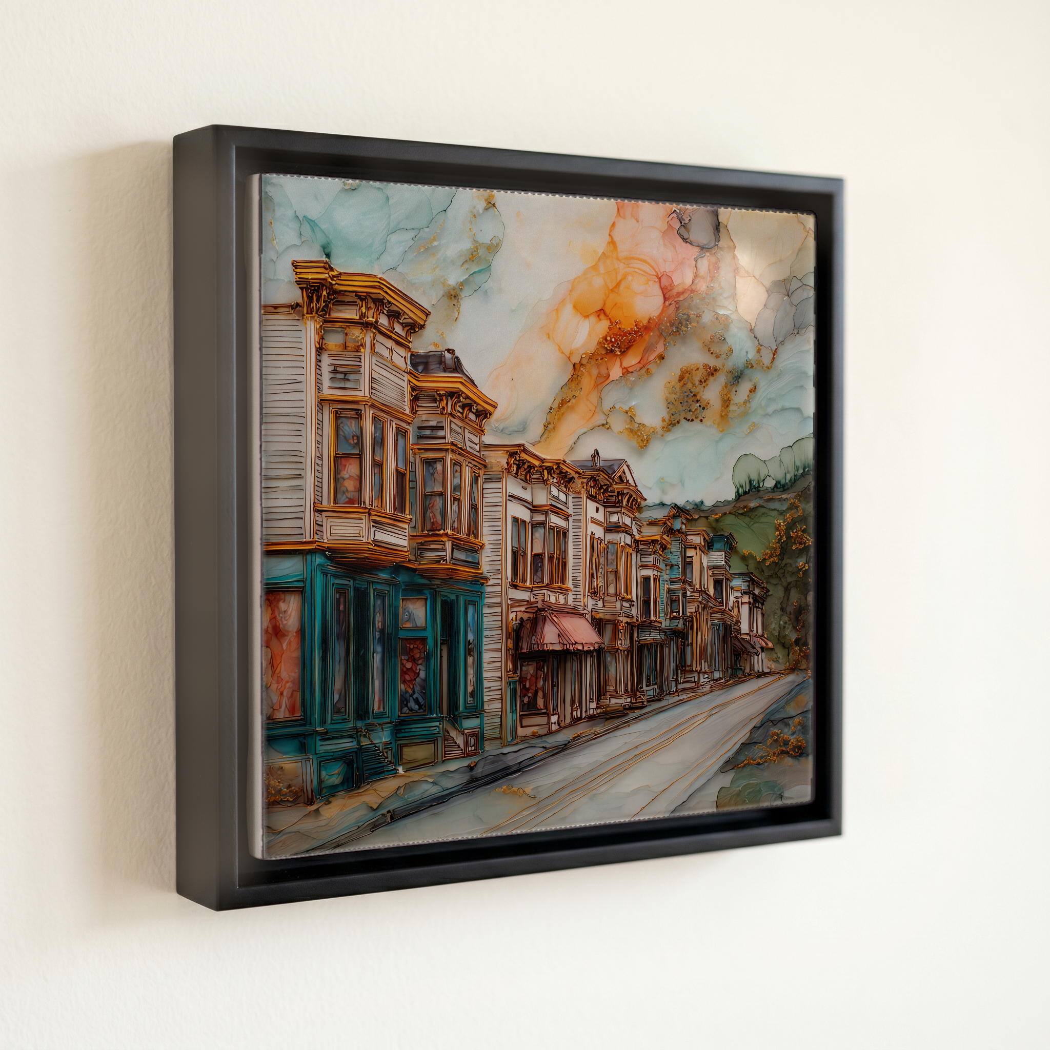 shown in a slim black floating frame · 6 × 6 in