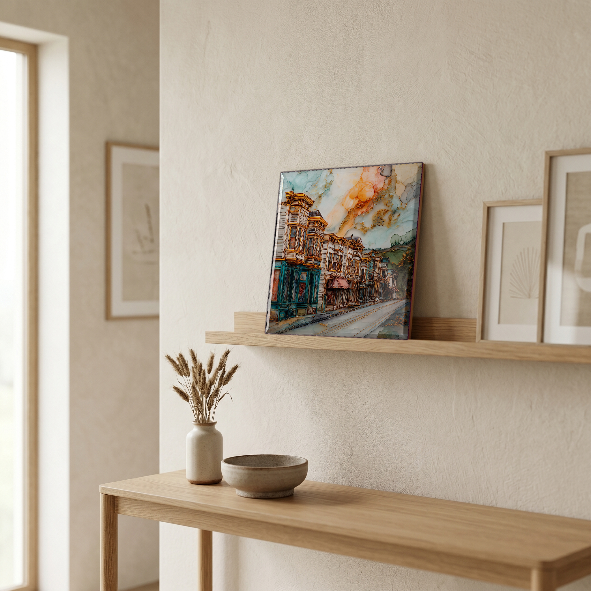 On a picture ledge, where the light comes in.