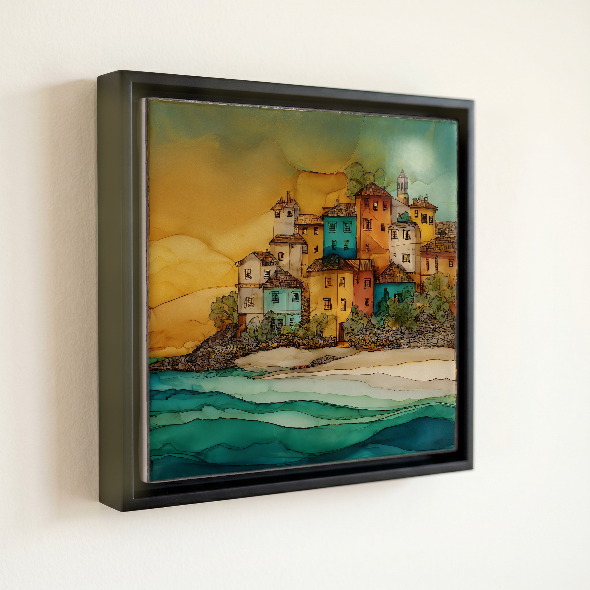 shown in a slim black floating frame · 6 × 6 in