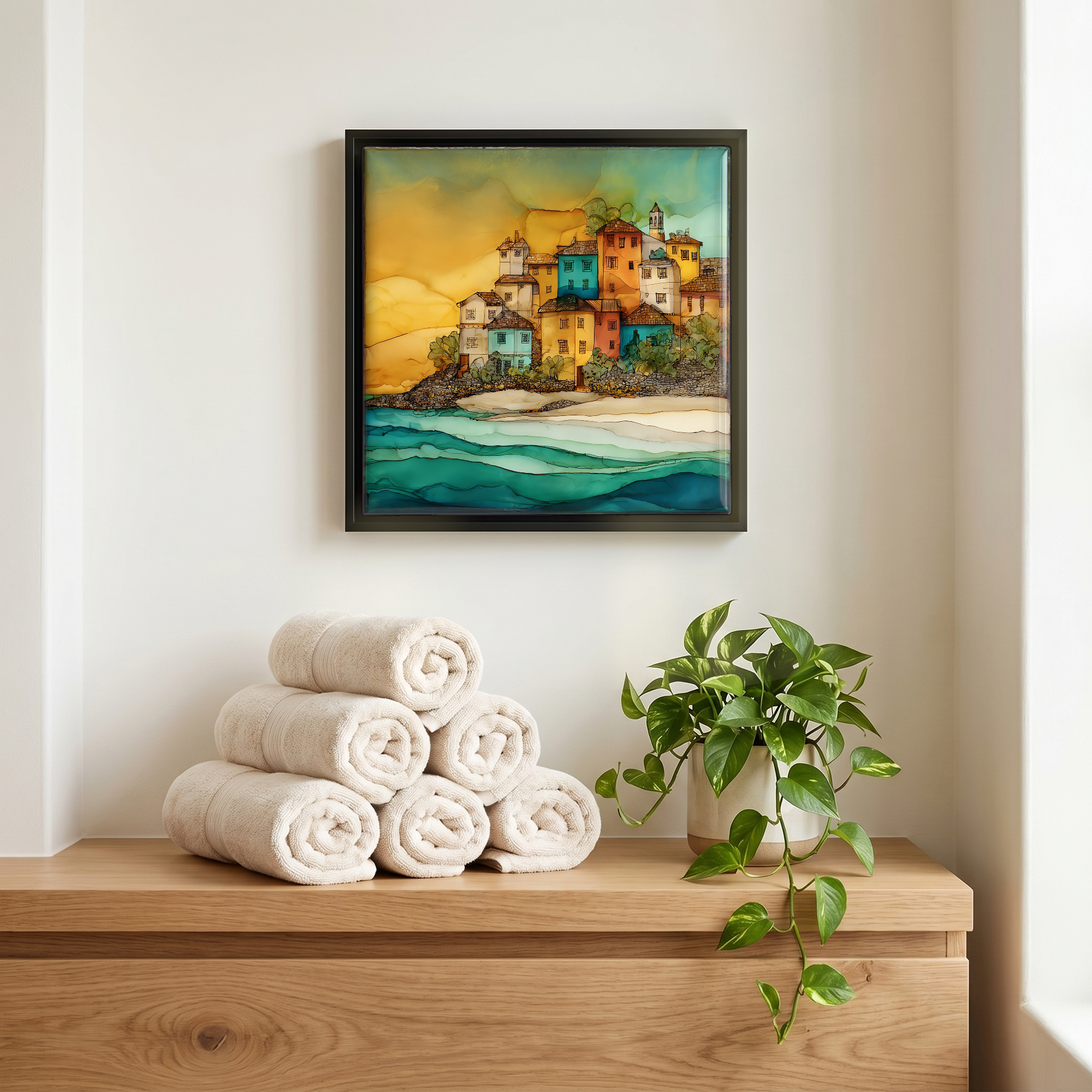 Above the linens, in a slim black surround.