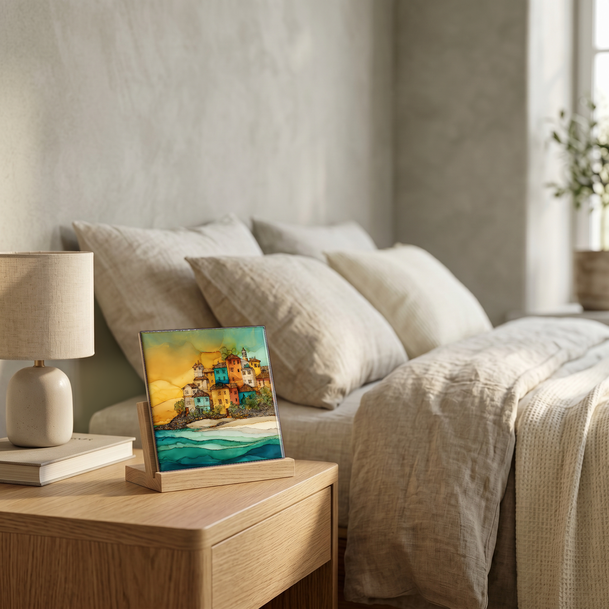 On the nightstand, on a light oak stand.