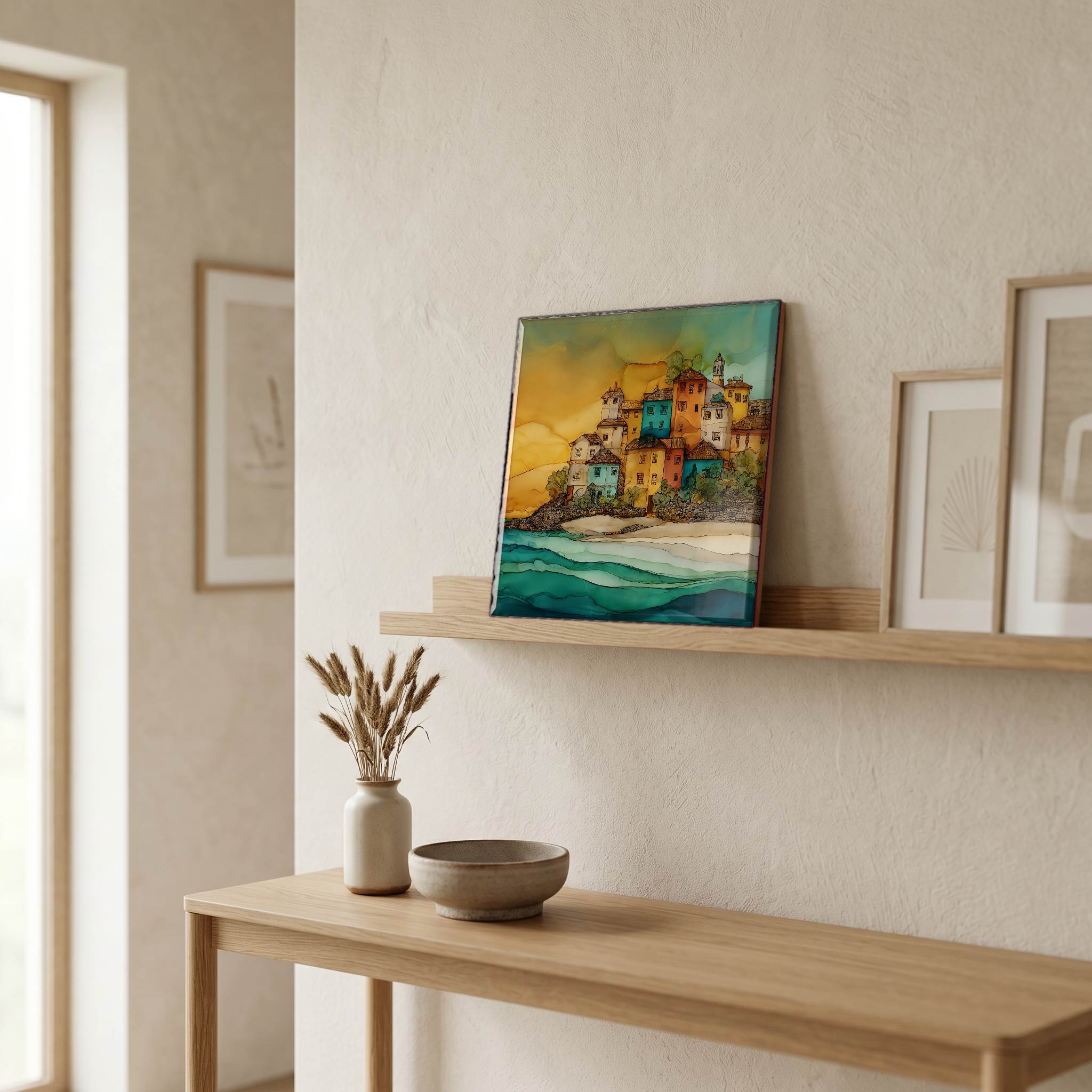 On a picture ledge, where the light comes in.