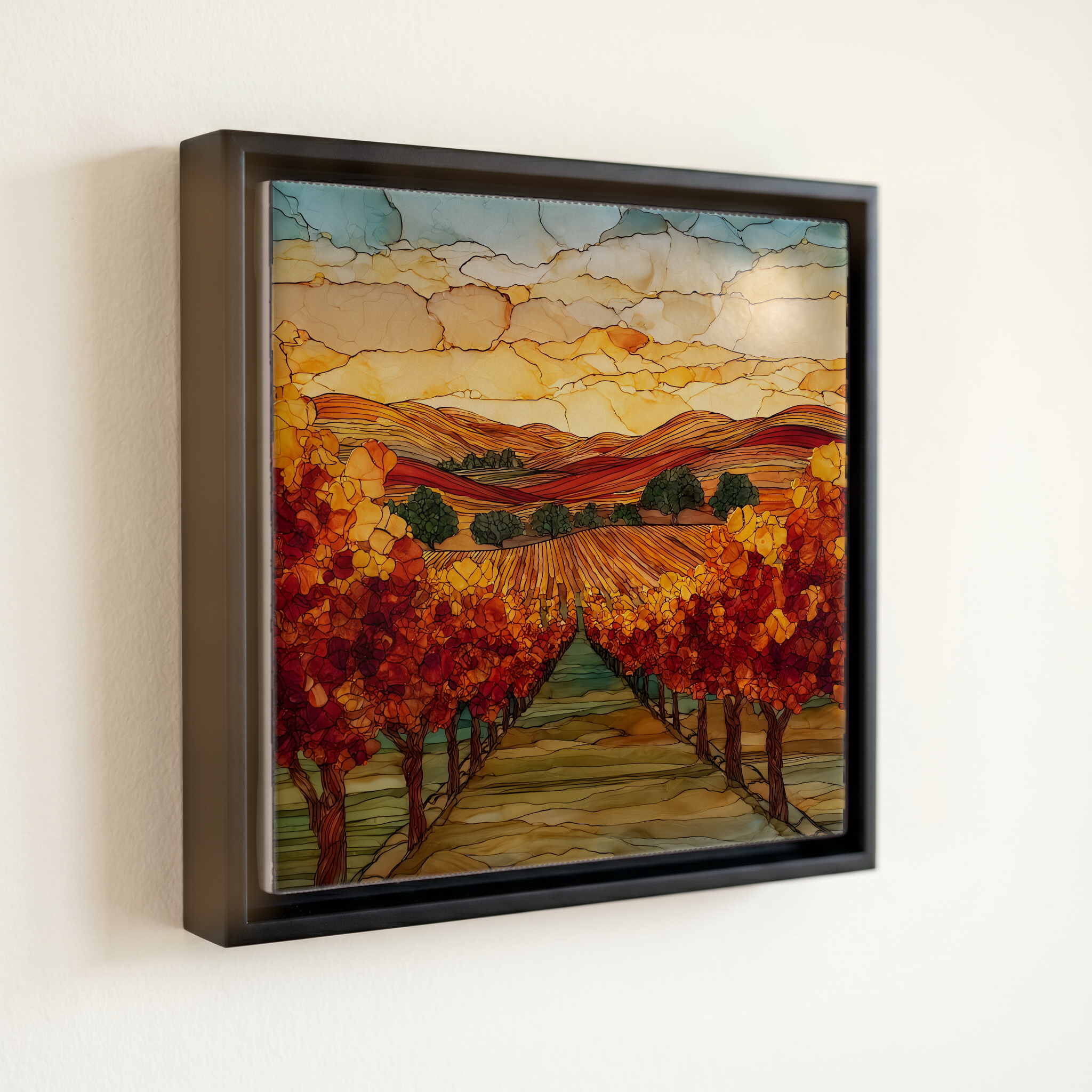 shown in a slim black floating frame · 6 × 6 in