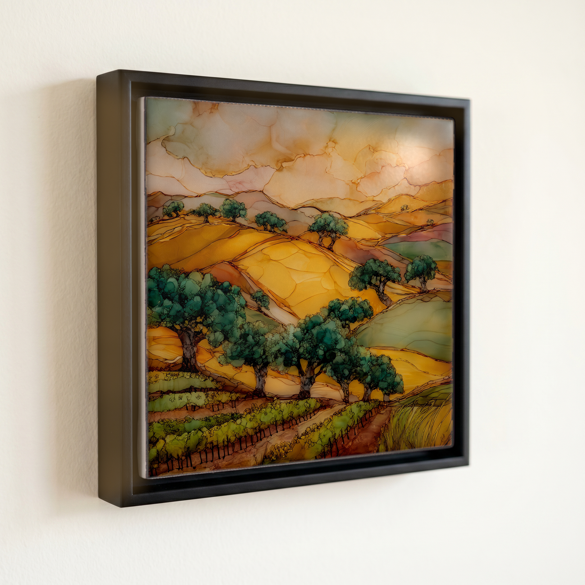 shown in a slim black floating frame · 6 × 6 in