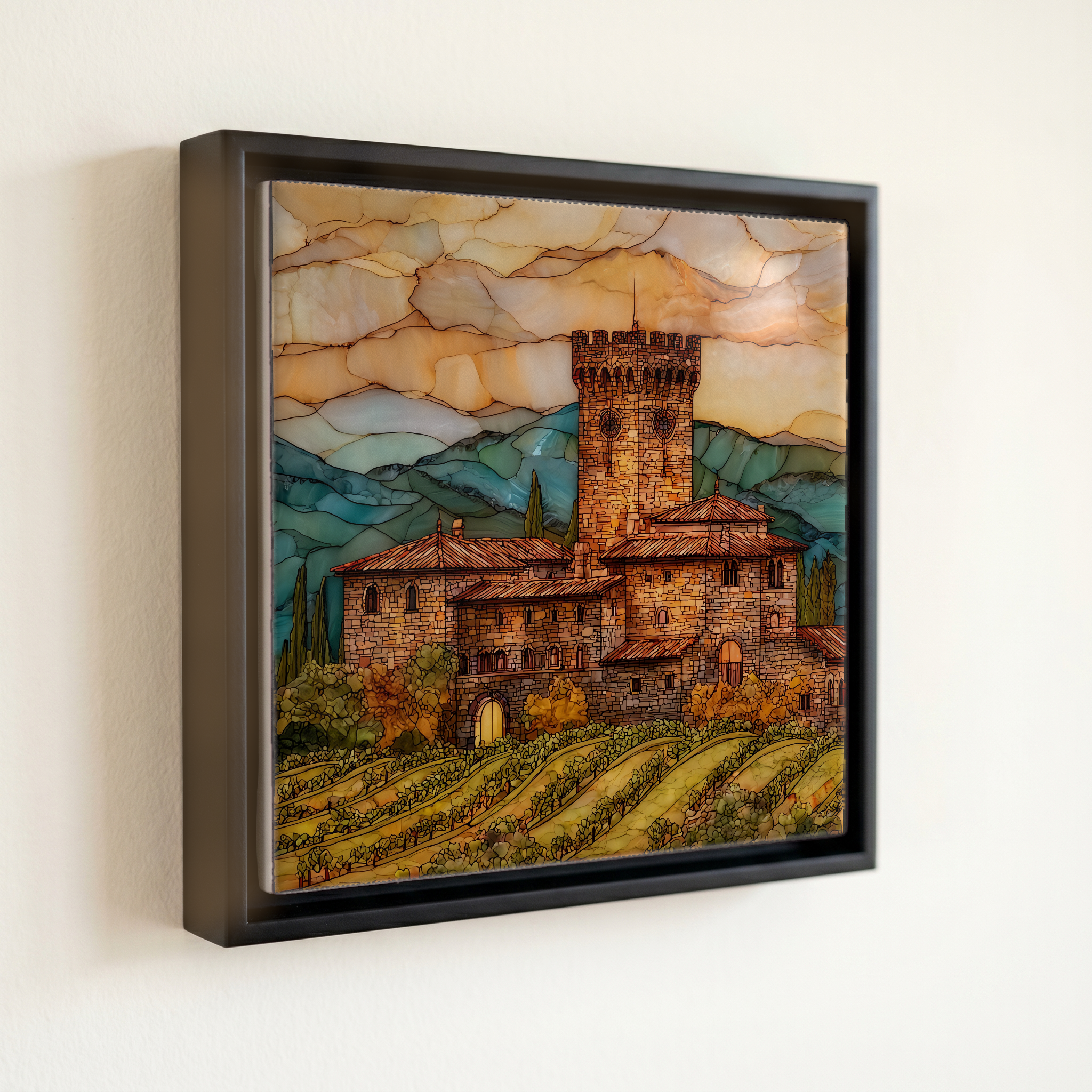 shown in a slim black floating frame · 6 × 6 in