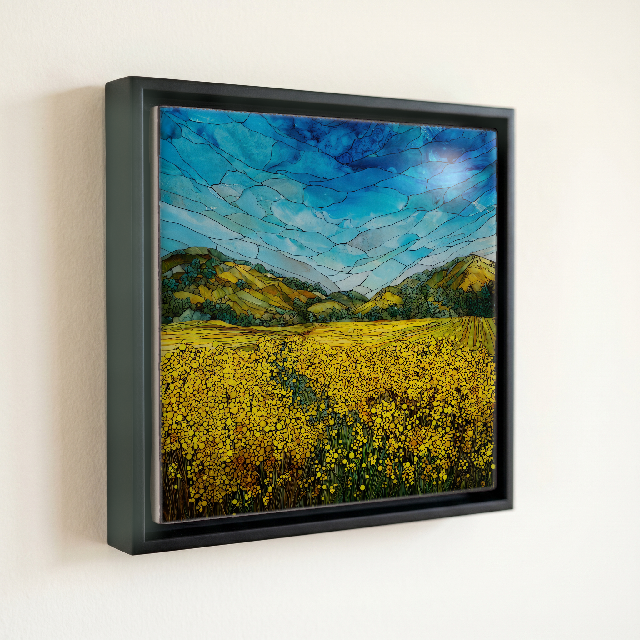shown in a slim black floating frame · 6 × 6 in