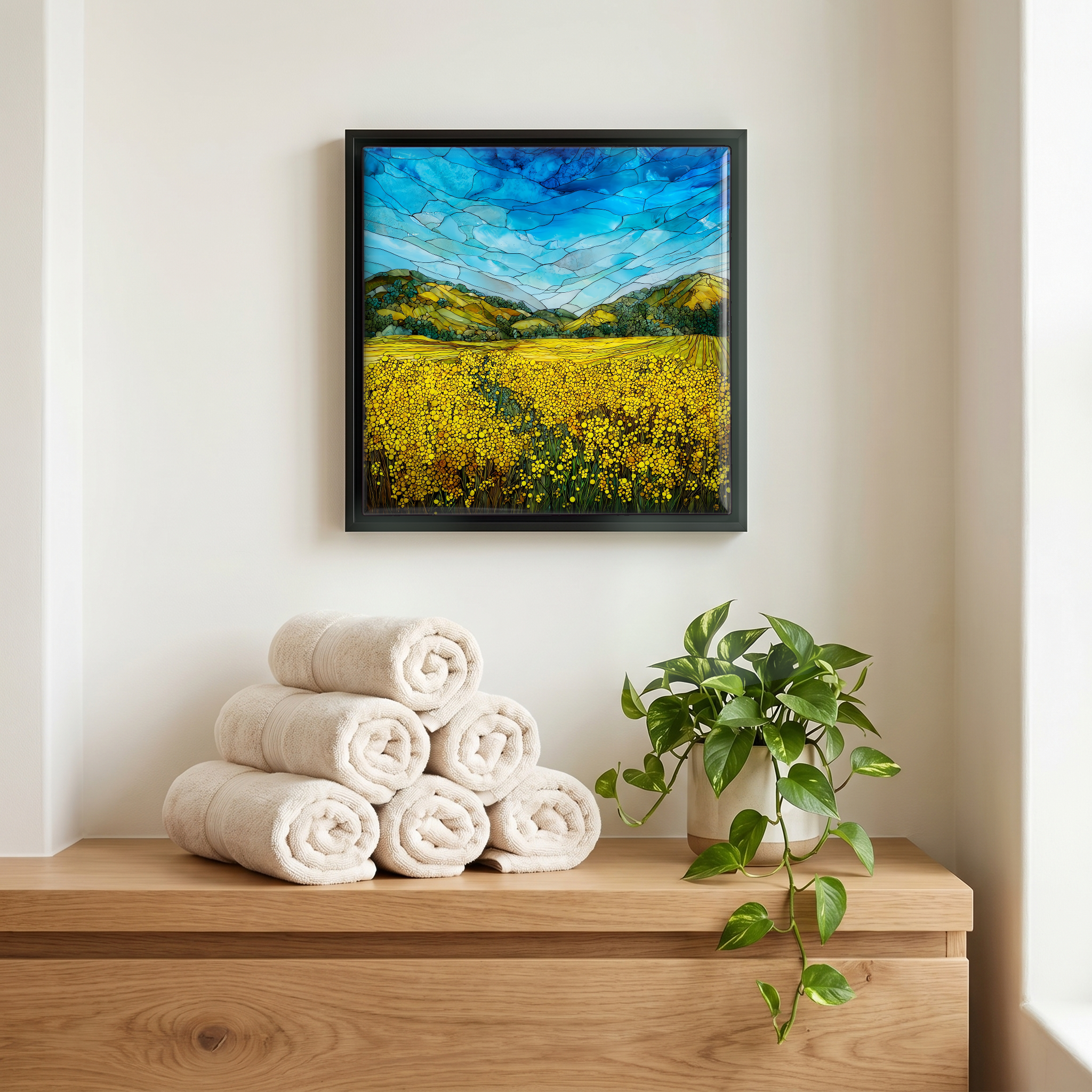 Above the linens, in a slim black surround.