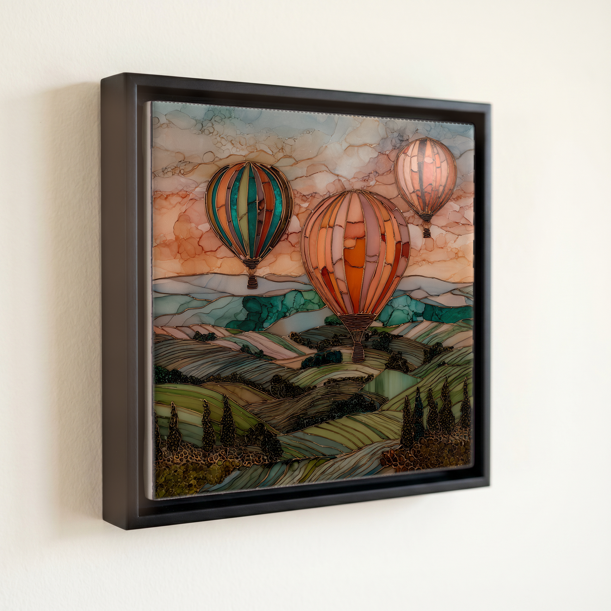 shown in a slim black floating frame · 6 × 6 in