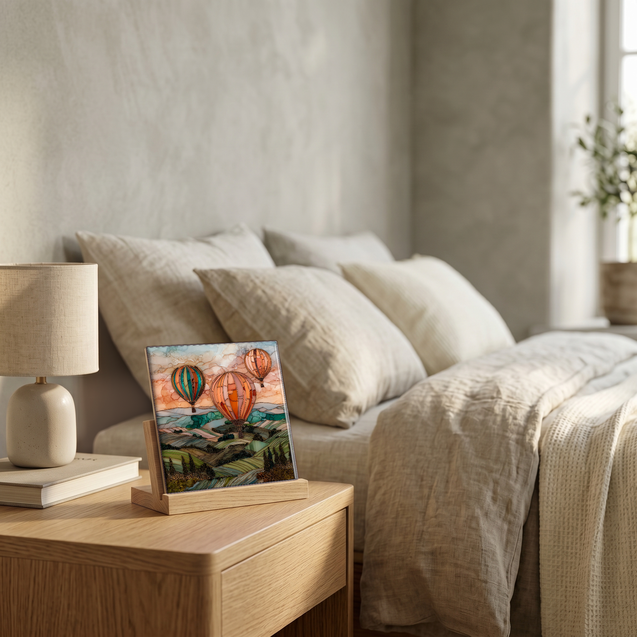On the nightstand, on a light oak stand.