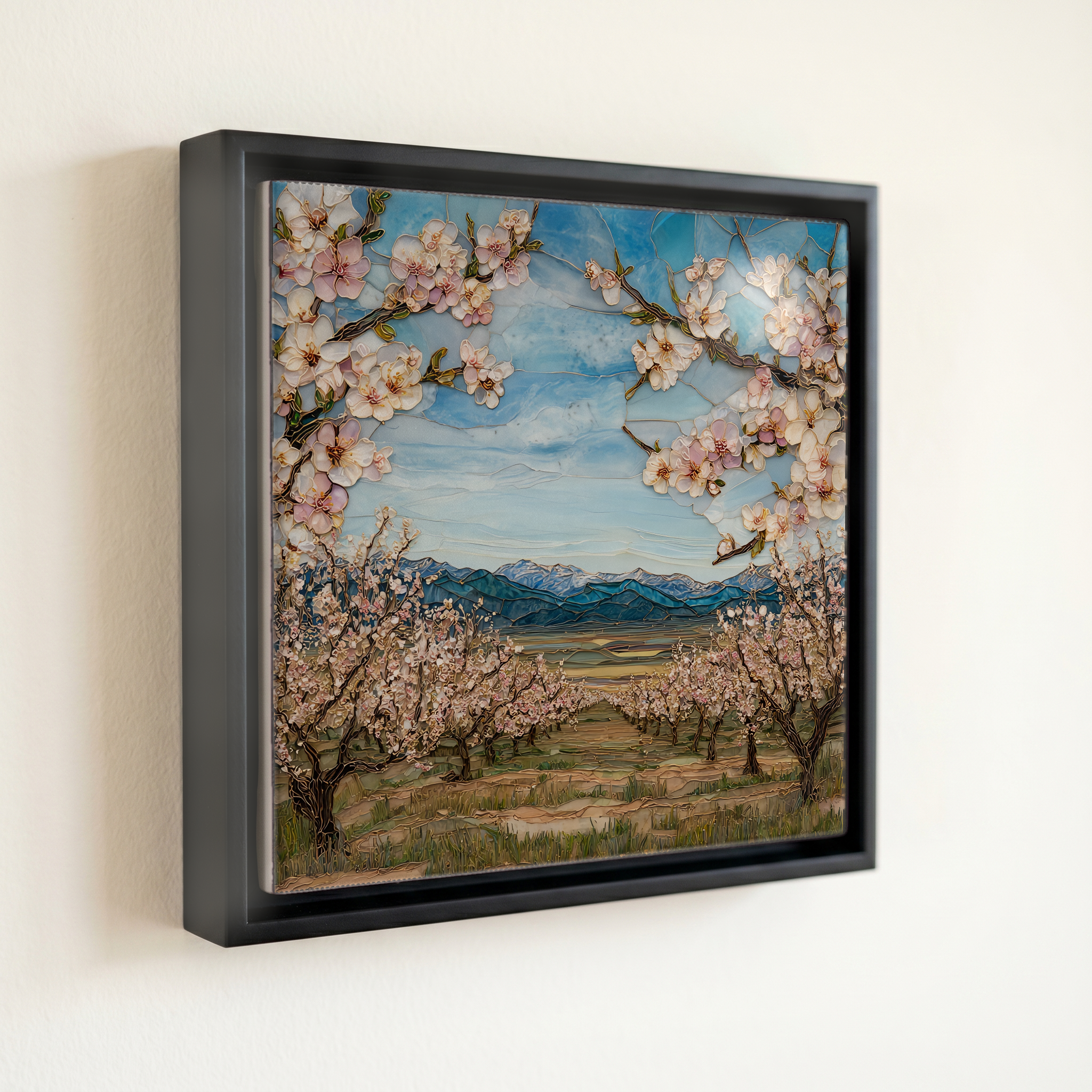 shown in a slim black floating frame · 6 × 6 in