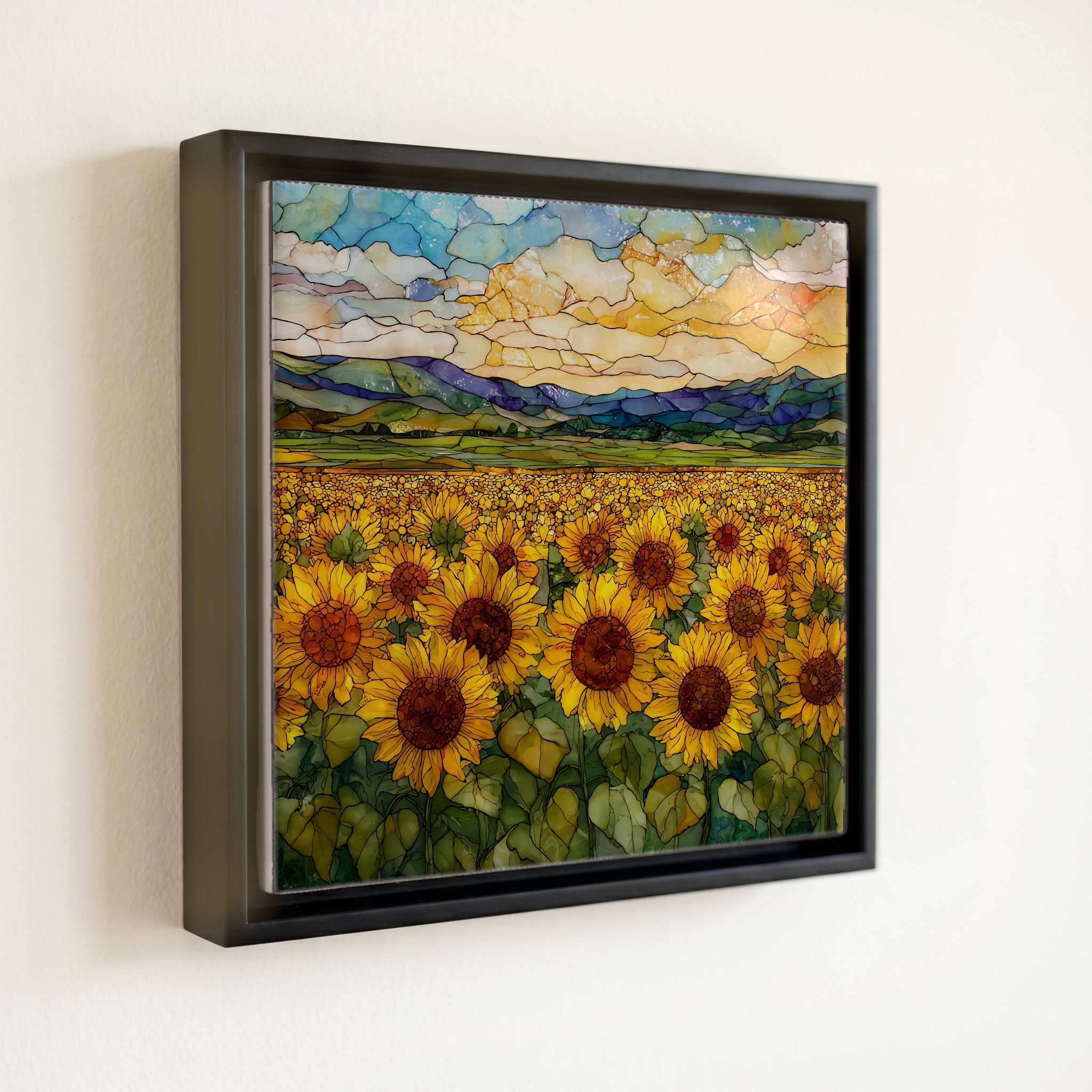 shown in a slim black floating frame · 6 × 6 in