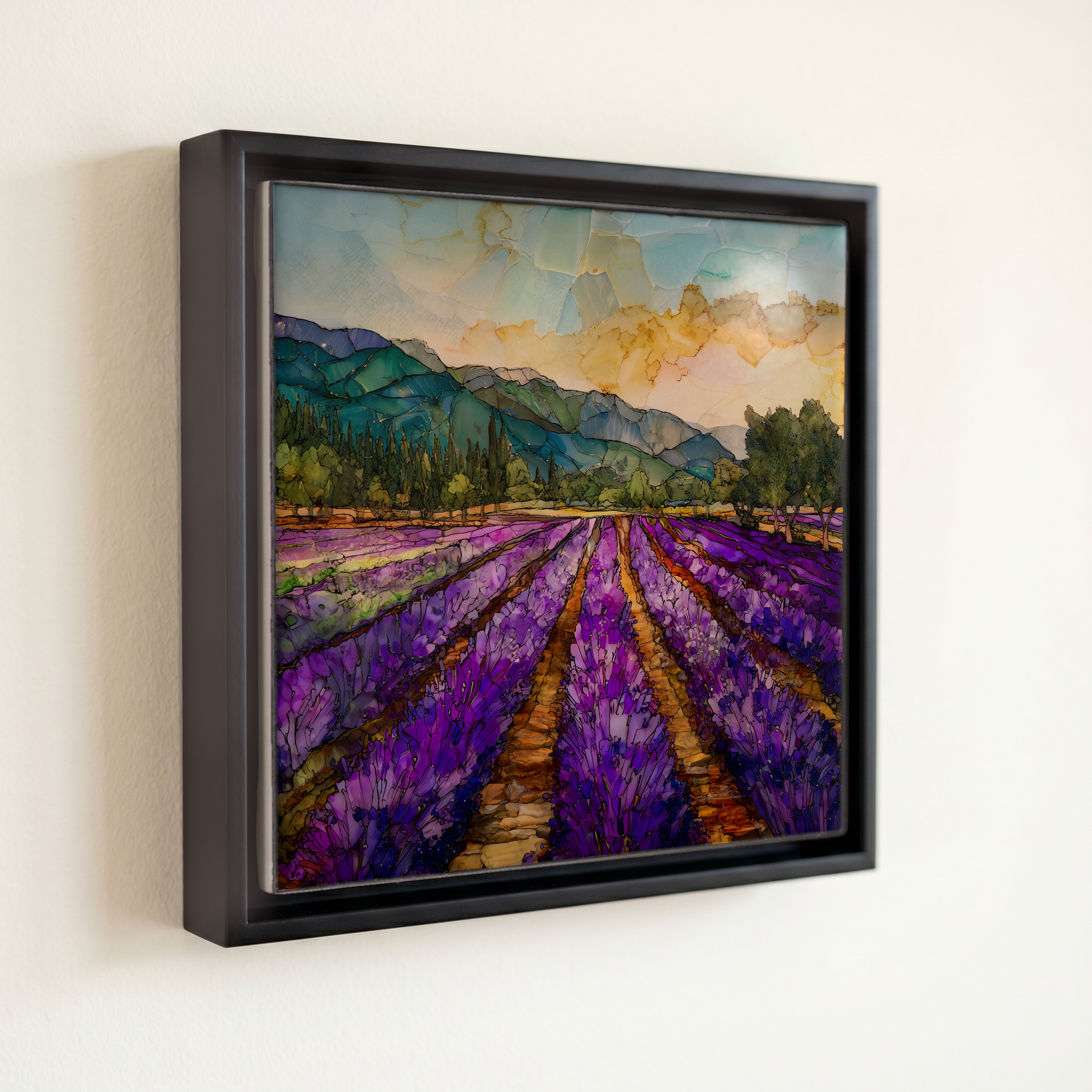 shown in a slim black floating frame · 6 × 6 in