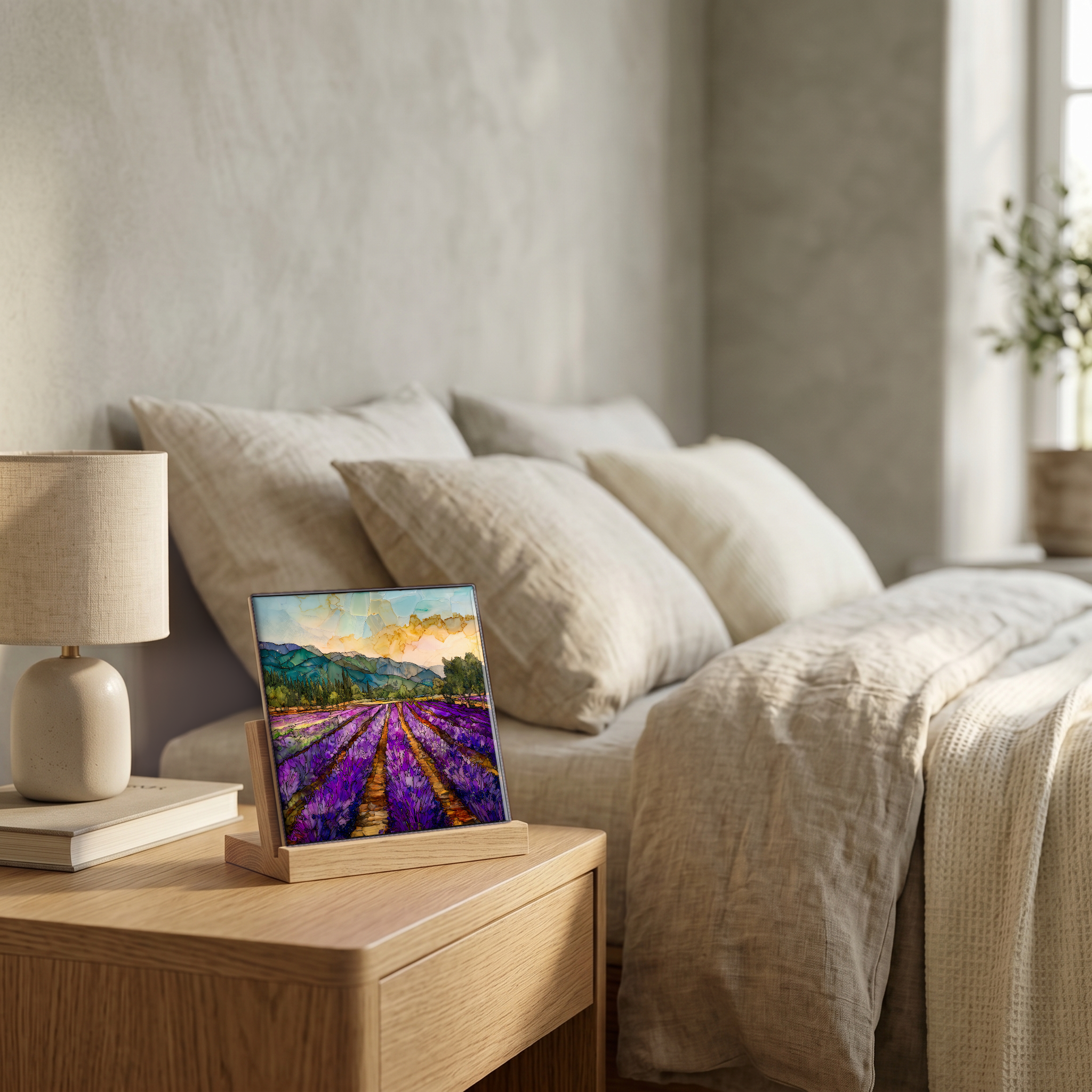 On the nightstand, on a light oak stand.