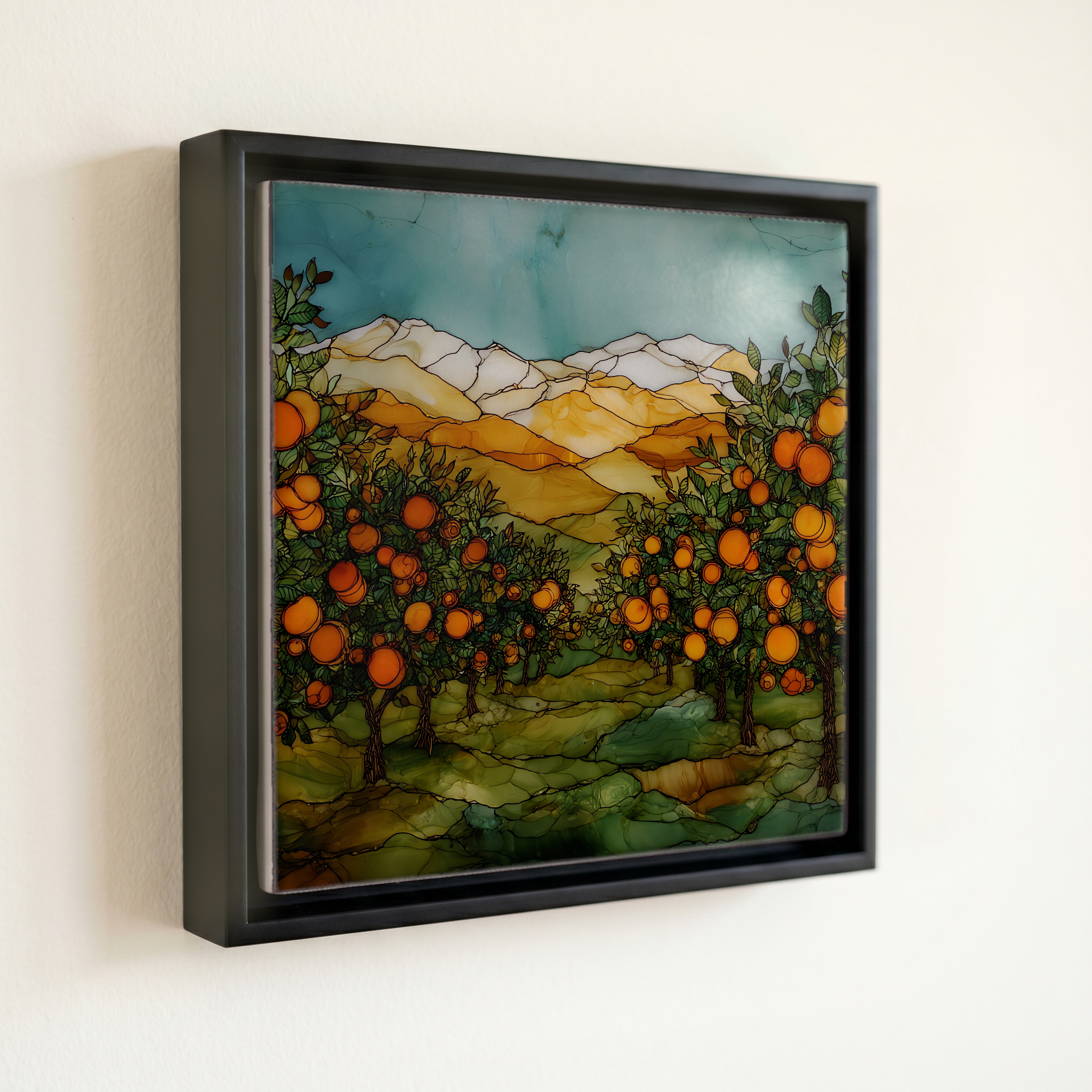 shown in a slim black floating frame · 6 × 6 in