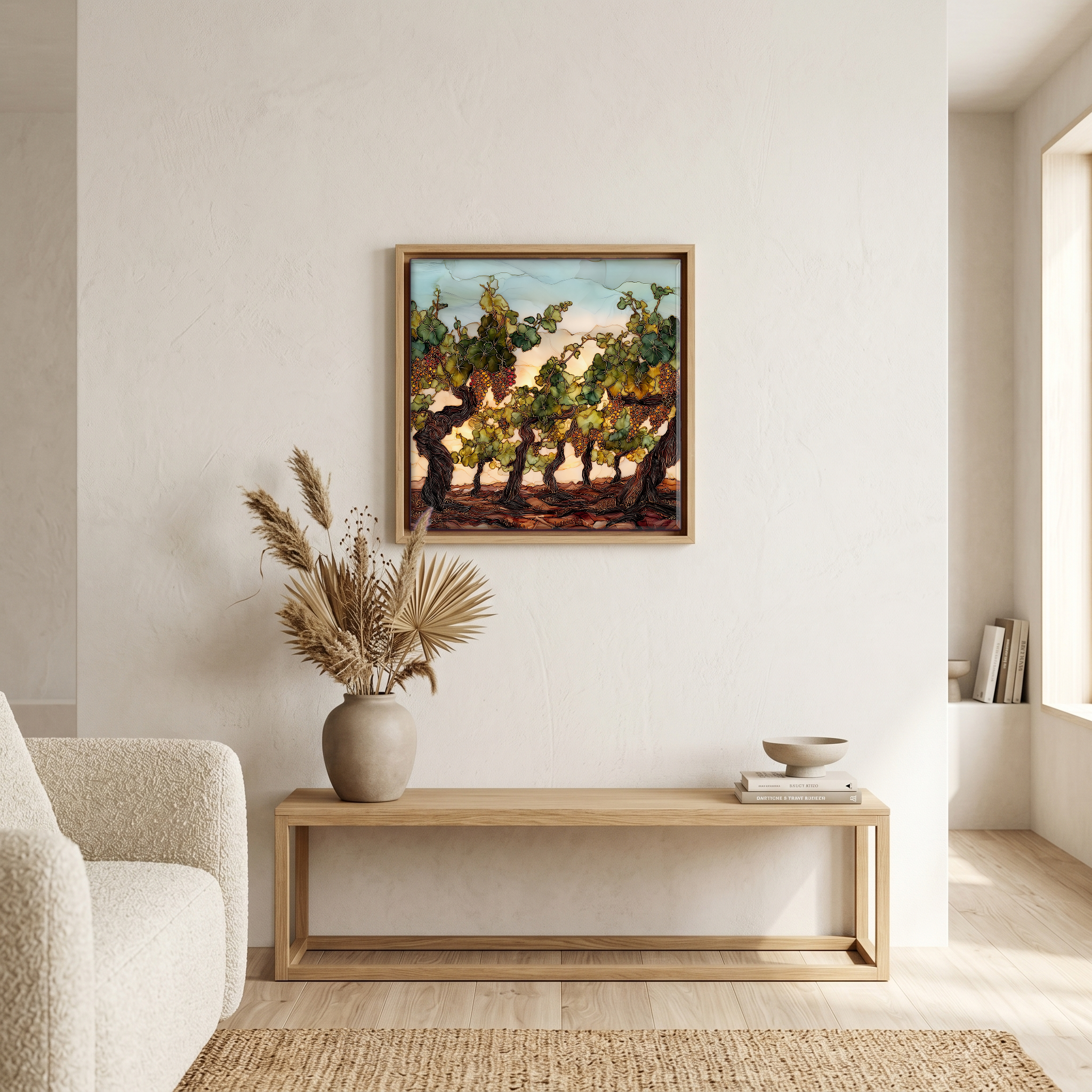 Above the bench, in a warm oak surround.