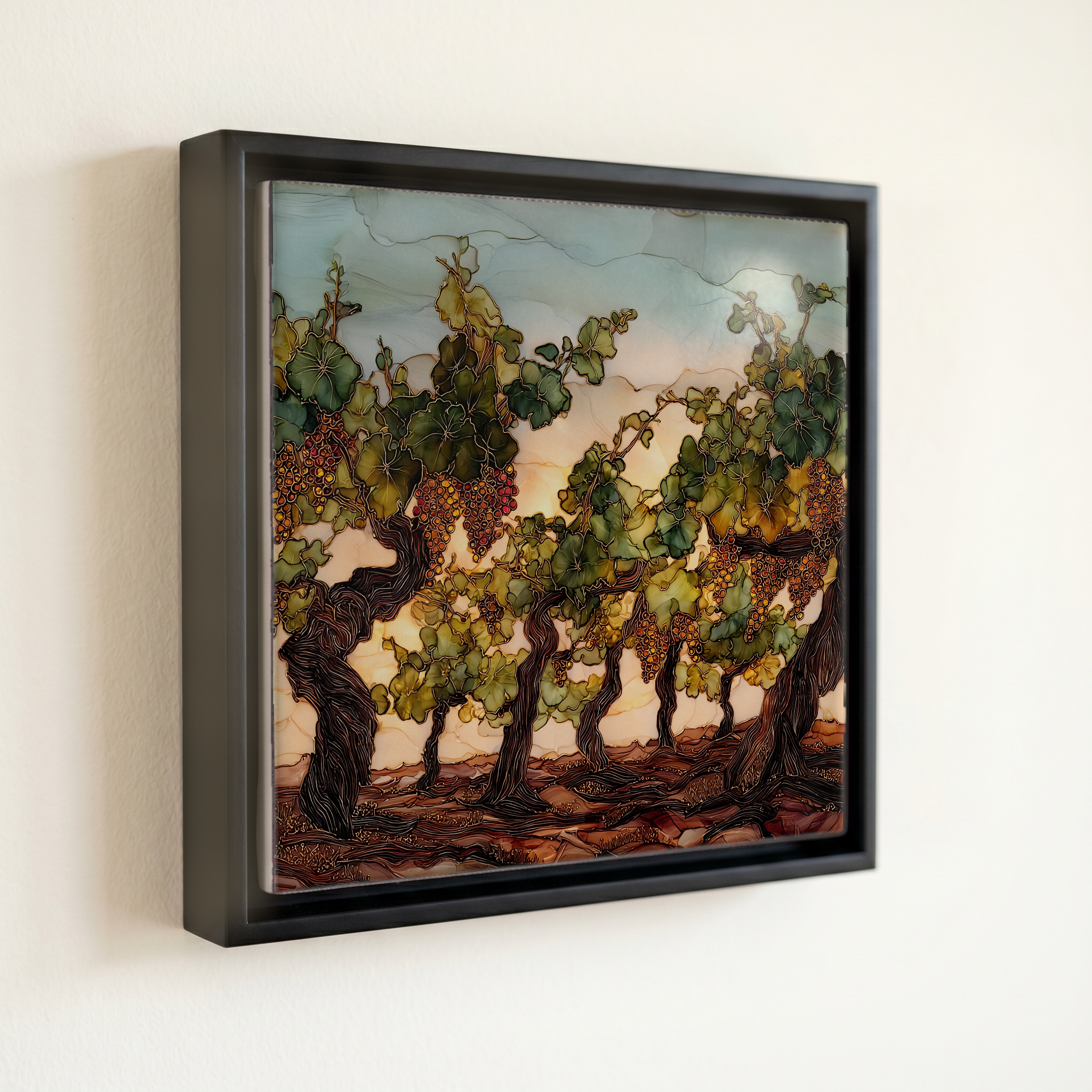 shown in a slim black floating frame · 6 × 6 in