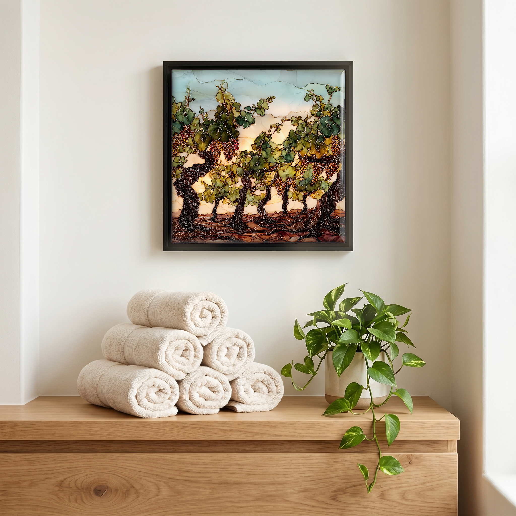 Above the linens, in a slim black surround.