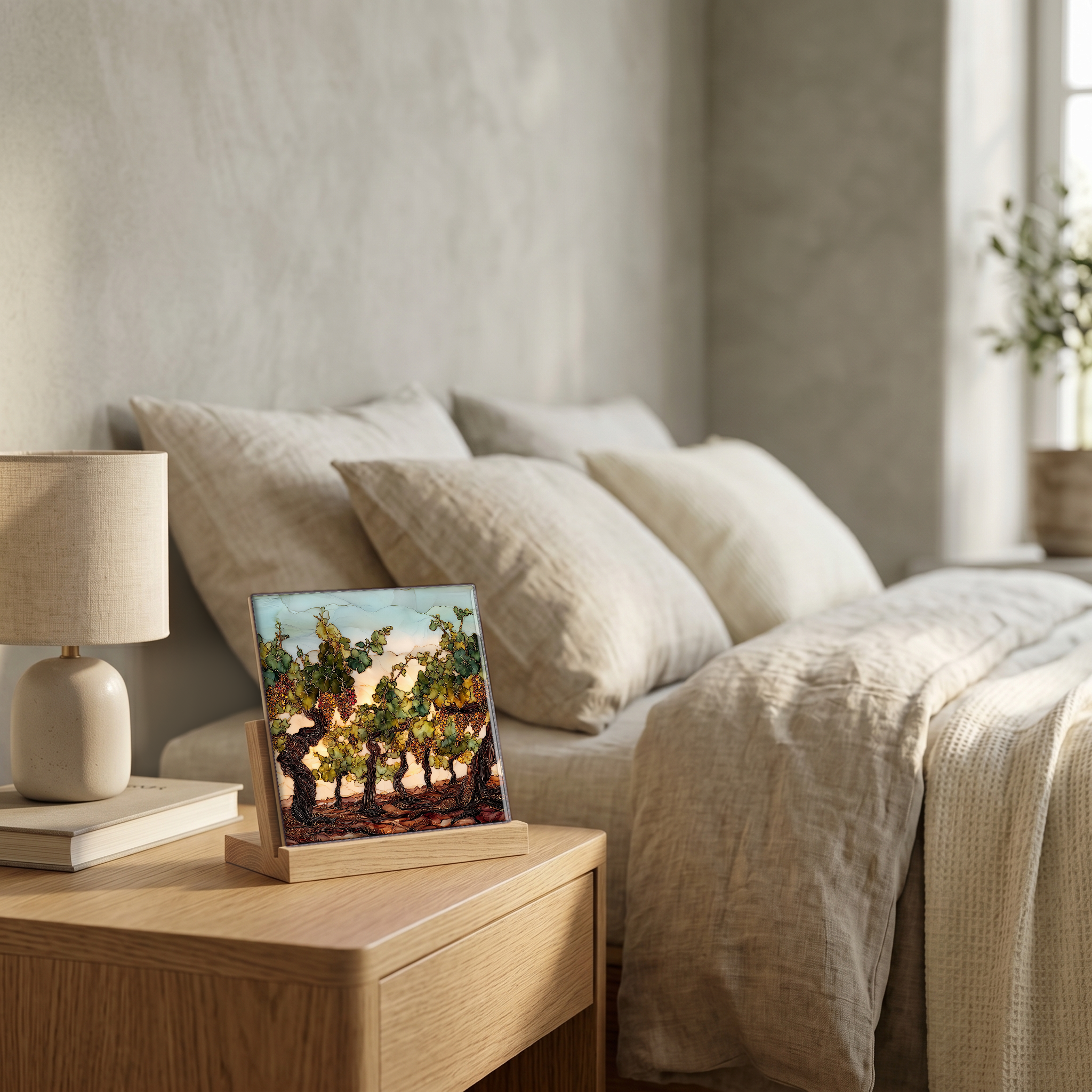On the nightstand, on a light oak stand.