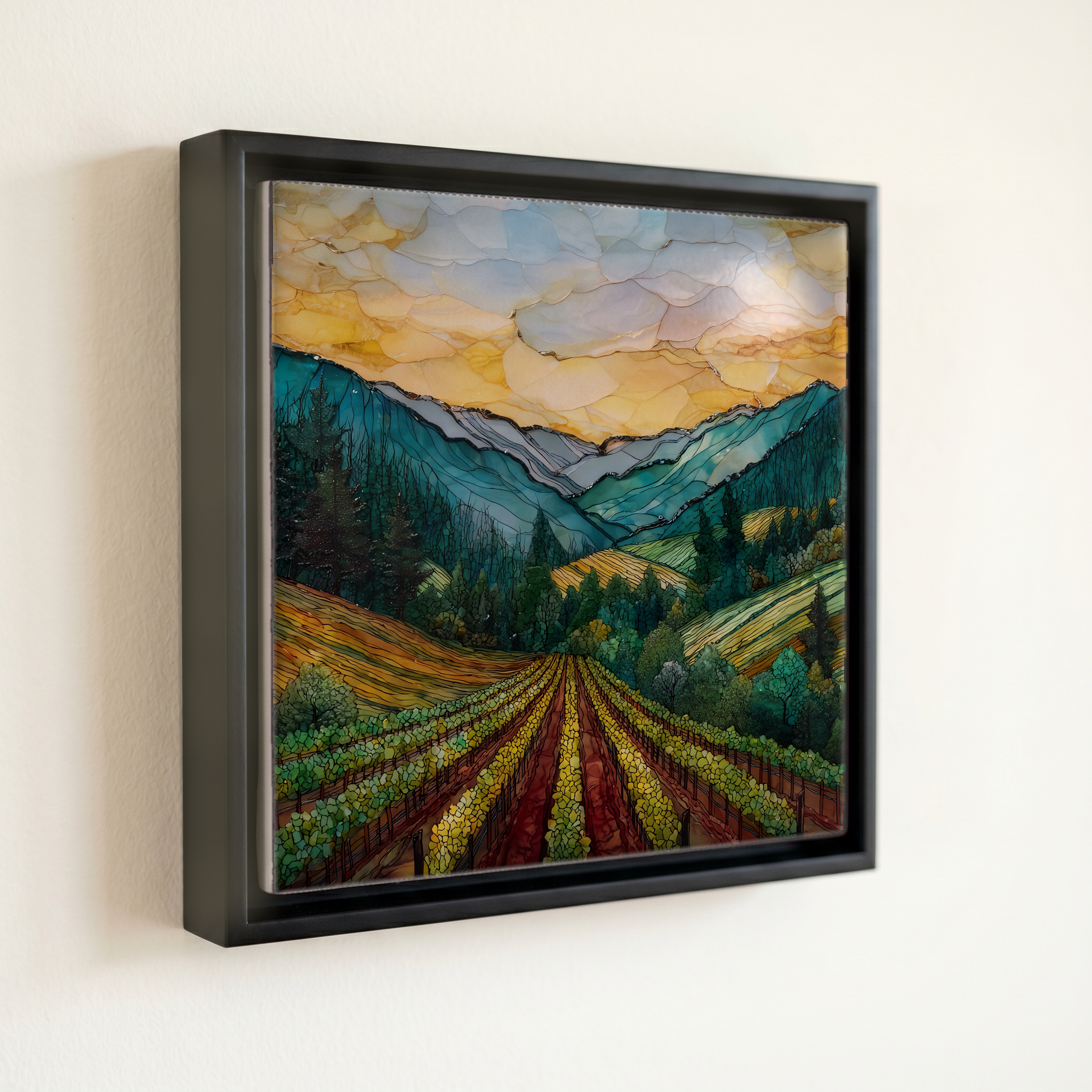 shown in a slim black floating frame · 6 × 6 in