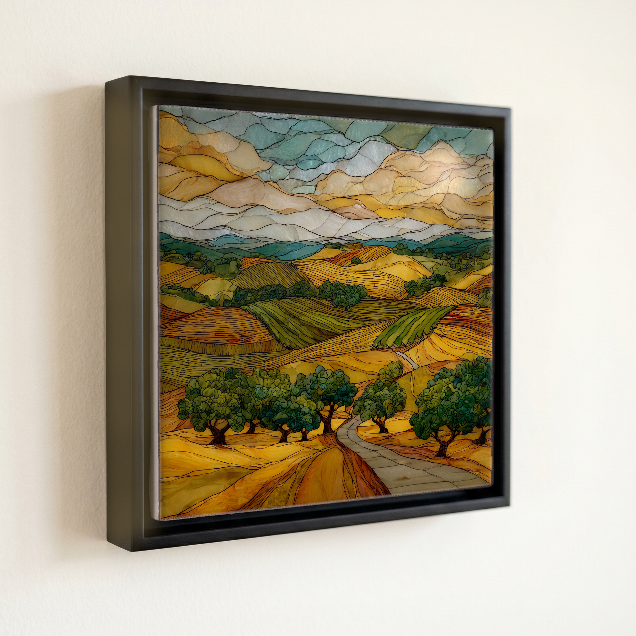 shown in a slim black floating frame · 6 × 6 in