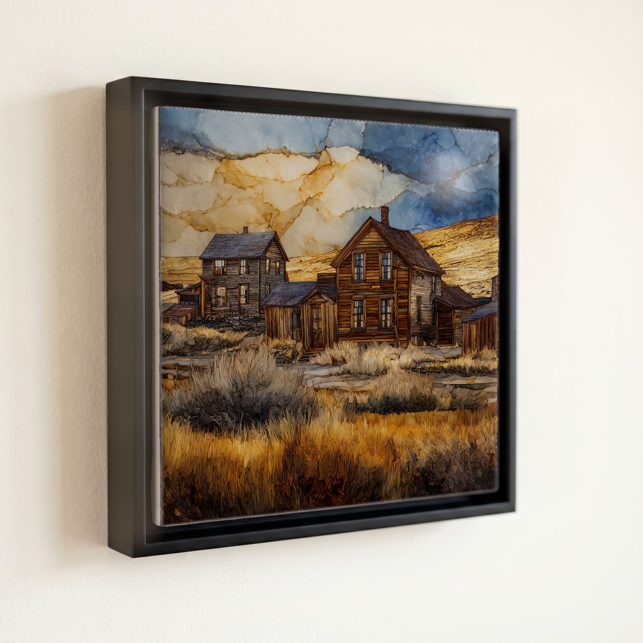 shown in a slim black floating frame · 6 × 6 in