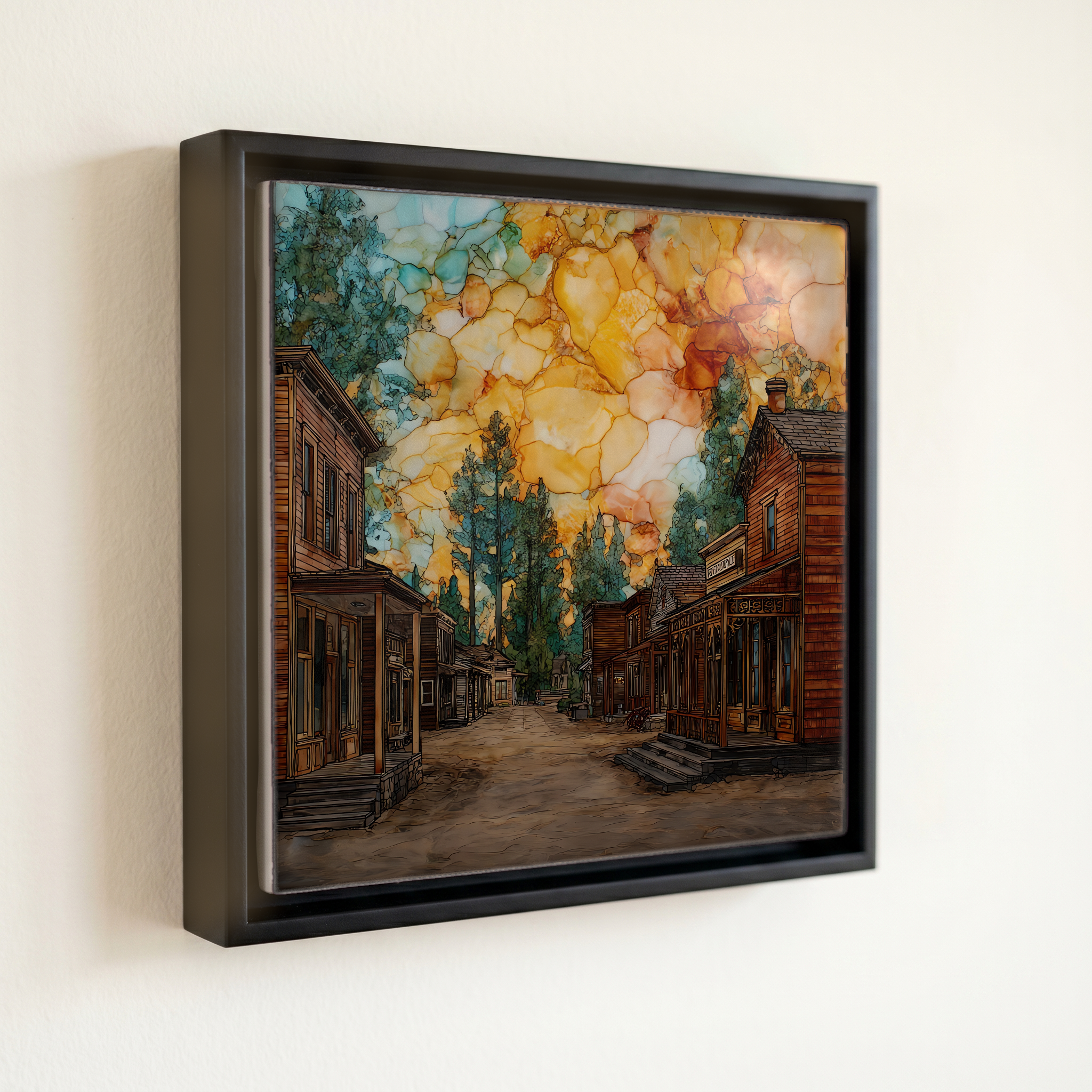 shown in a slim black floating frame · 6 × 6 in