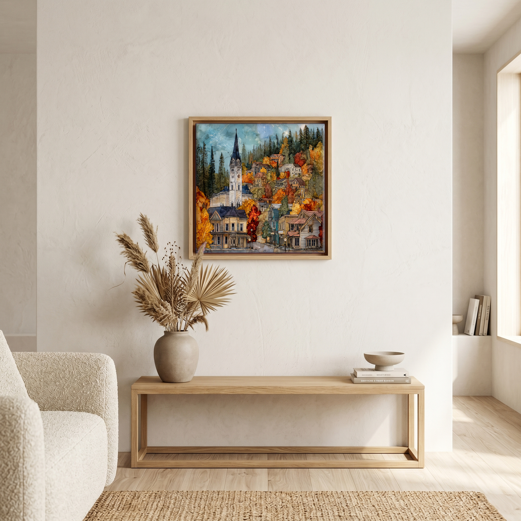 Above the bench, in a warm oak surround.