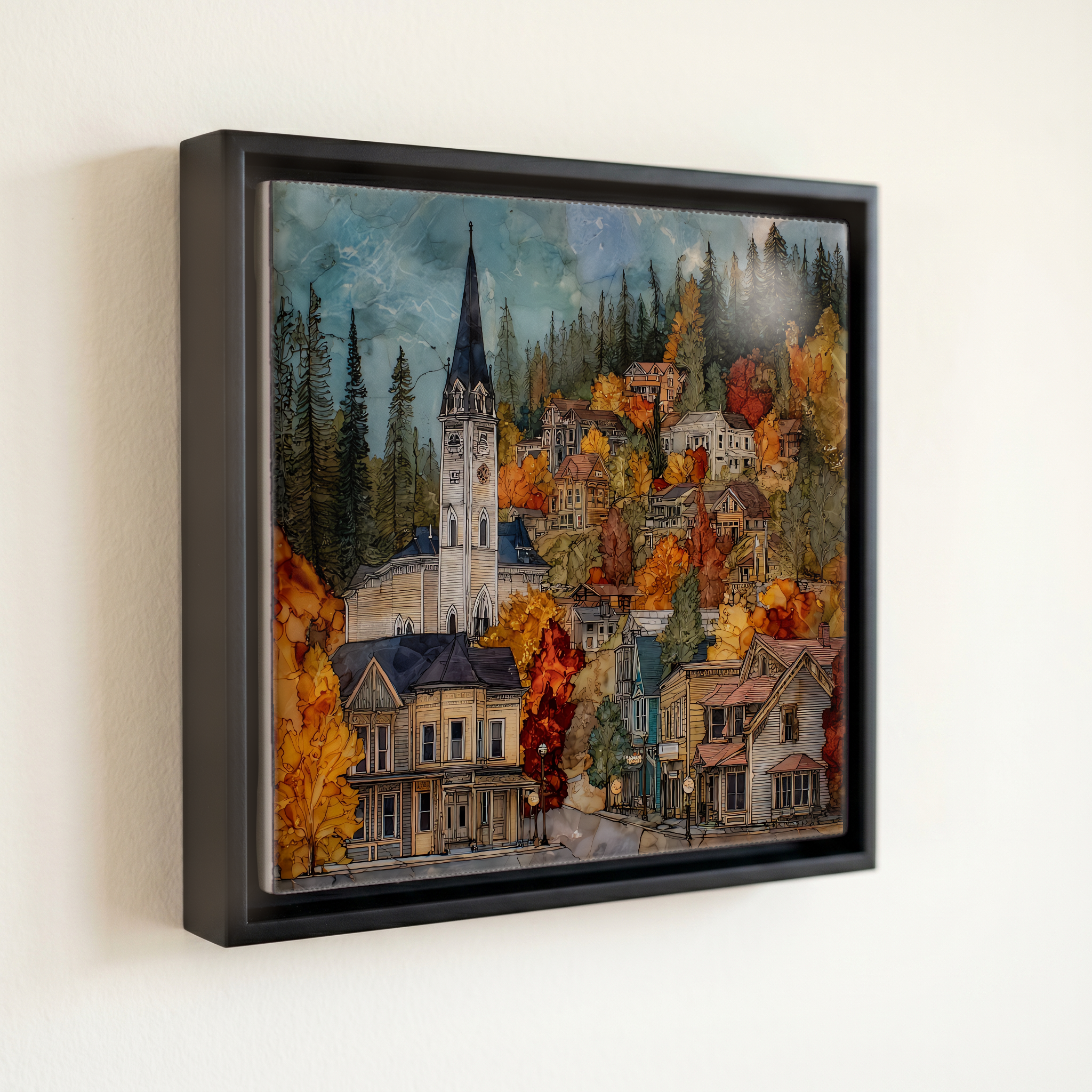 shown in a slim black floating frame · 6 × 6 in