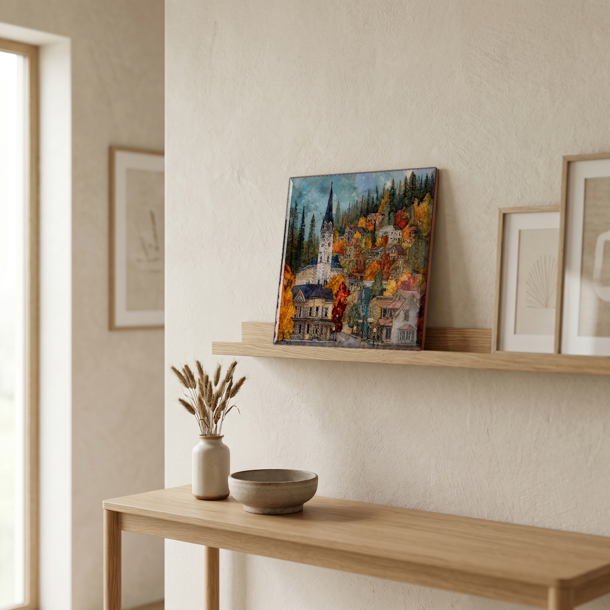 On a picture ledge, where the light comes in.