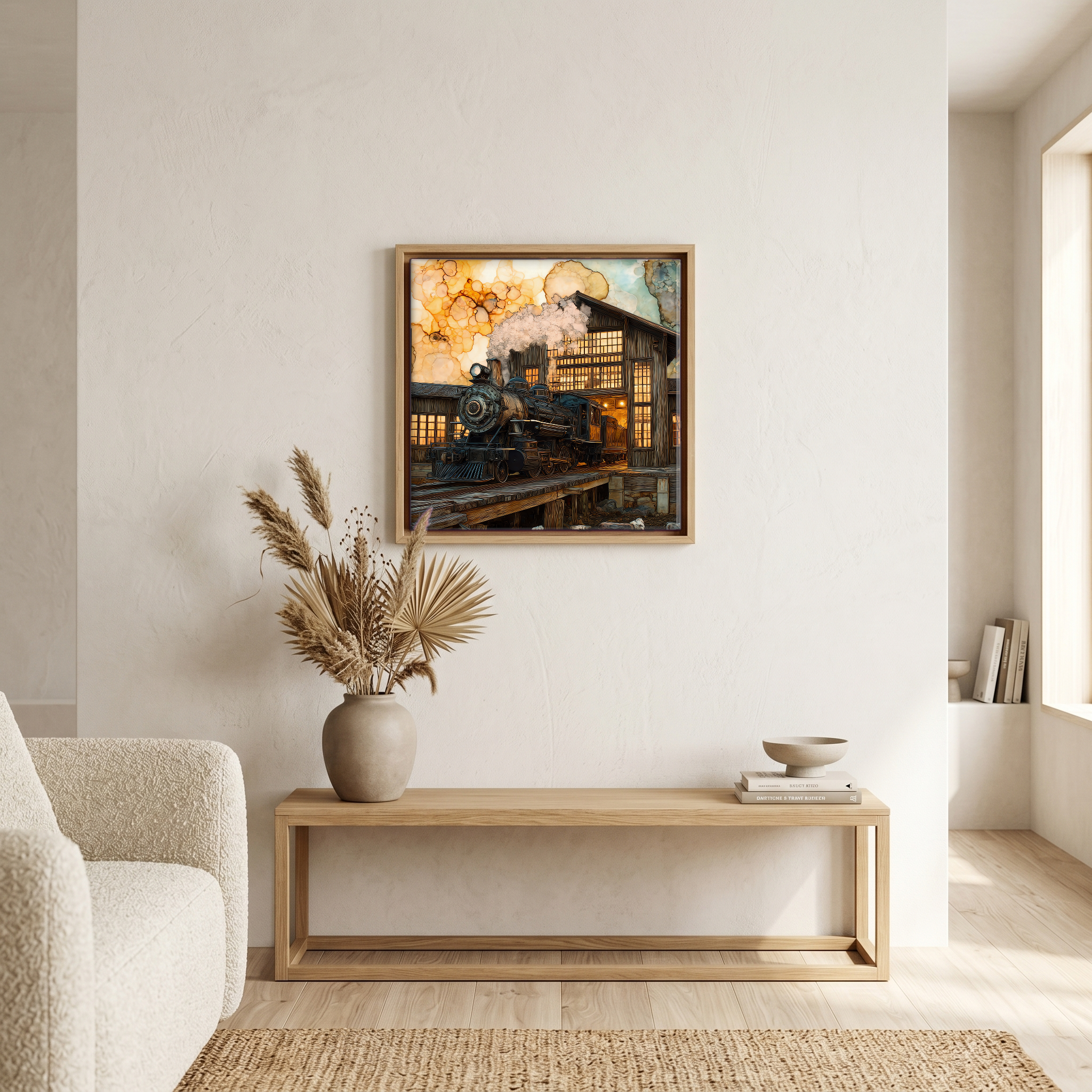 Above the bench, in a warm oak surround.