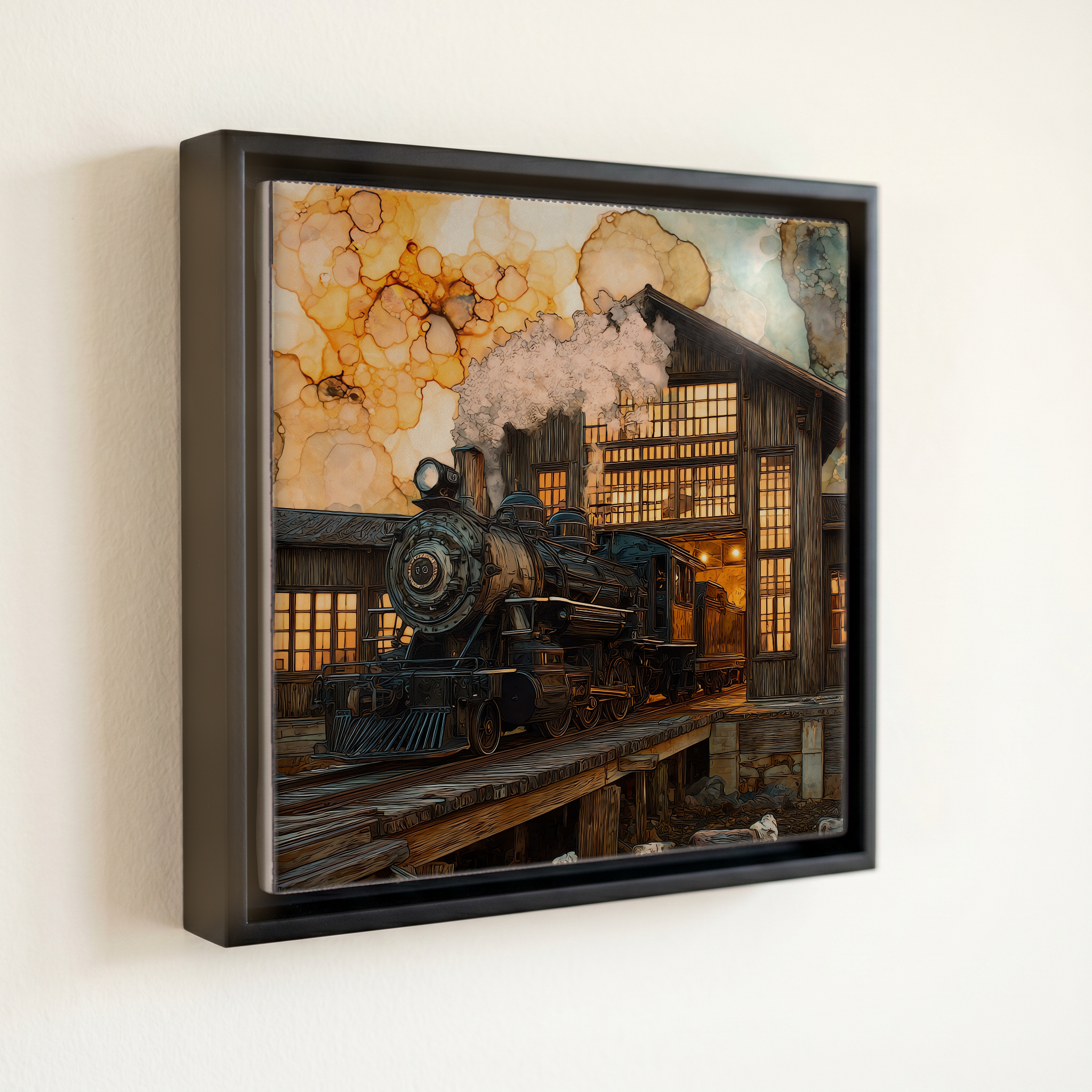 shown in a slim black floating frame · 6 × 6 in