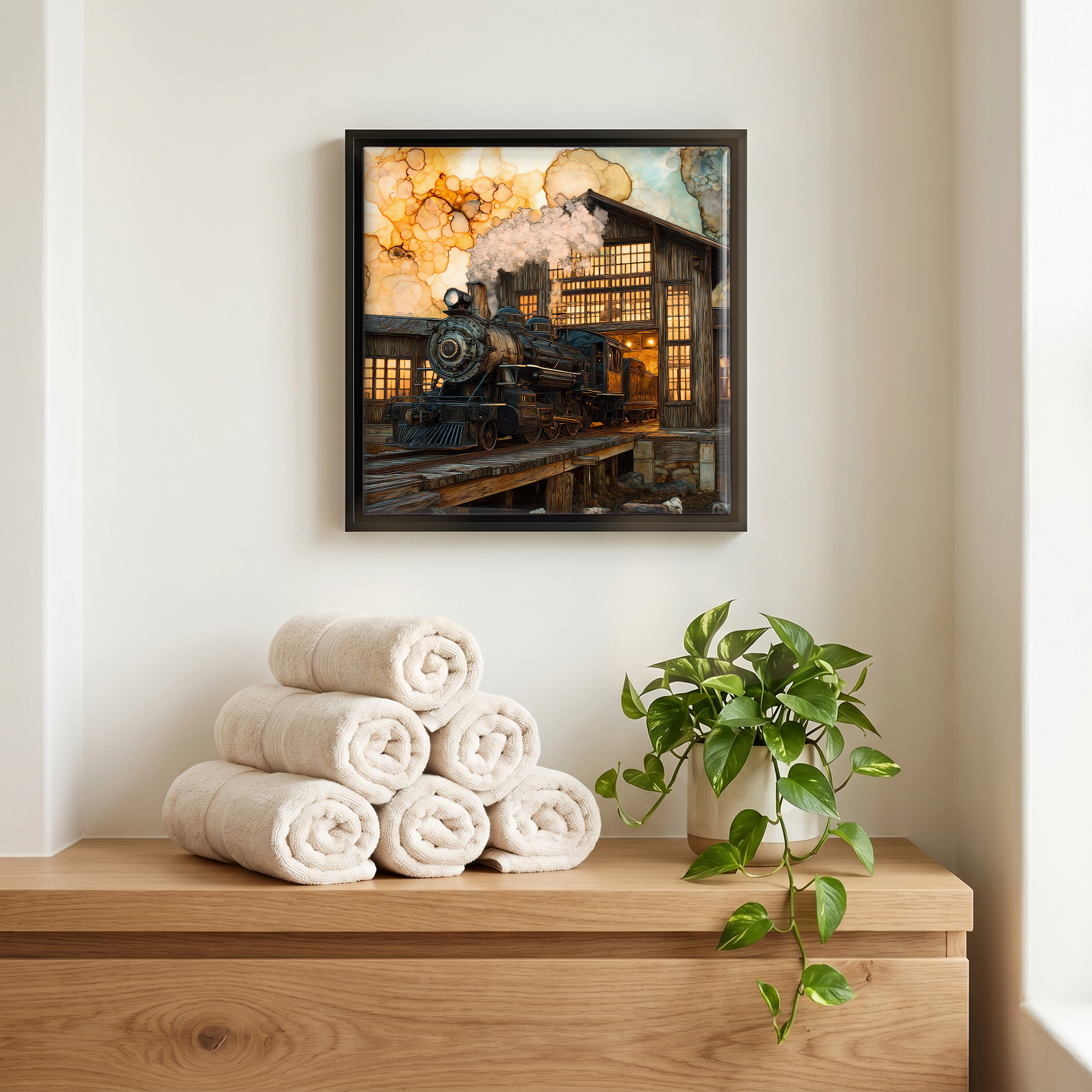 Above the linens, in a slim black surround.