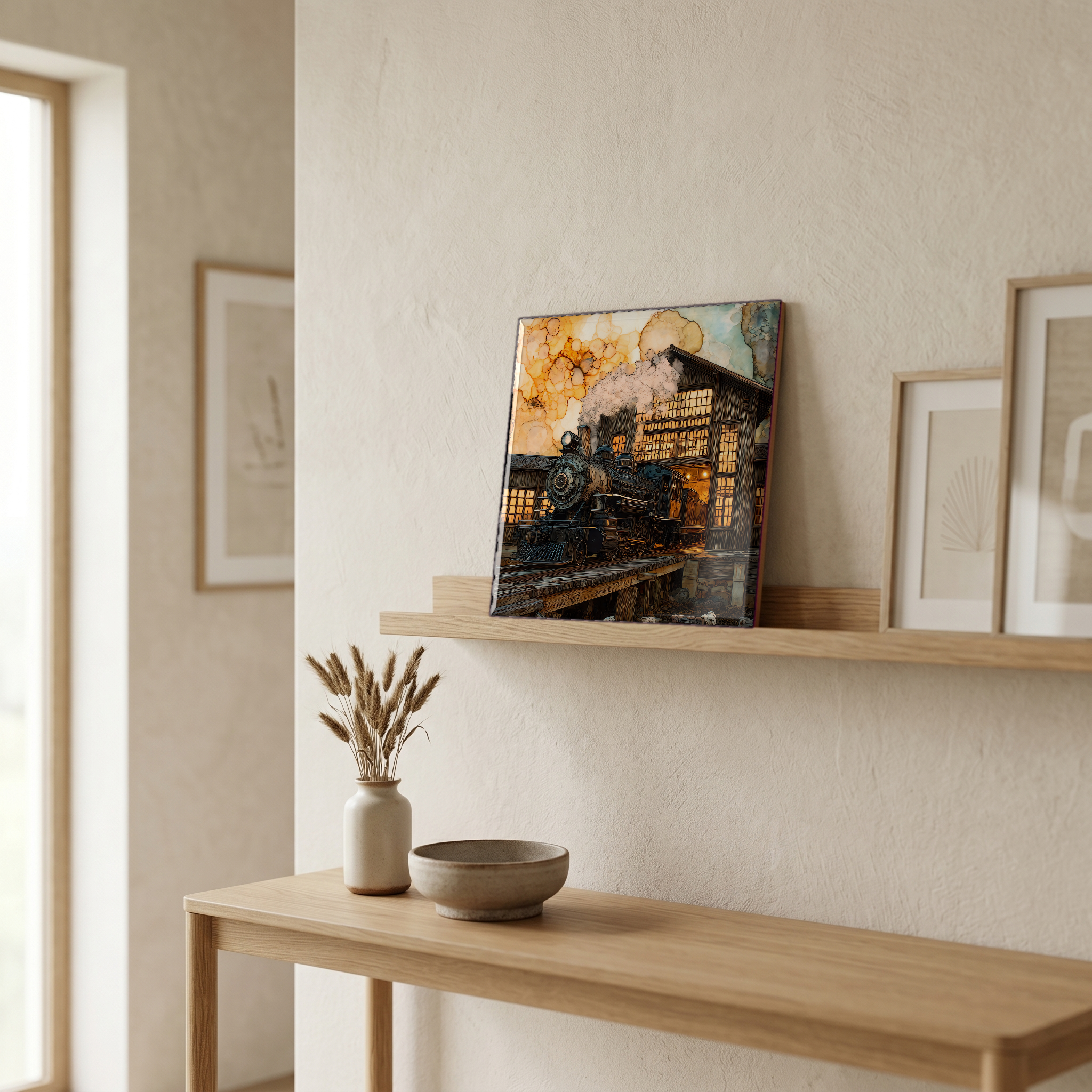 On a picture ledge, where the light comes in.