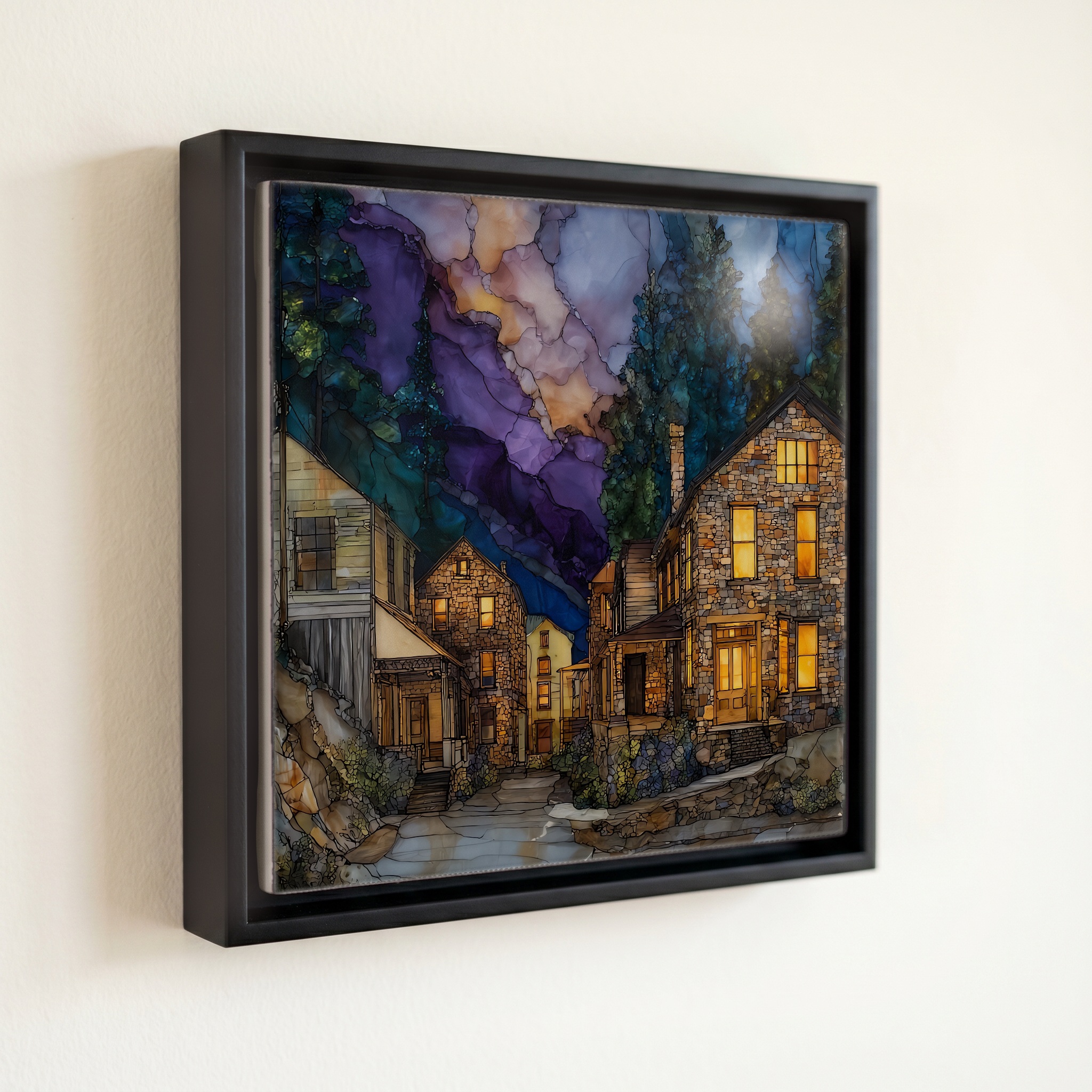 shown in a slim black floating frame · 6 × 6 in
