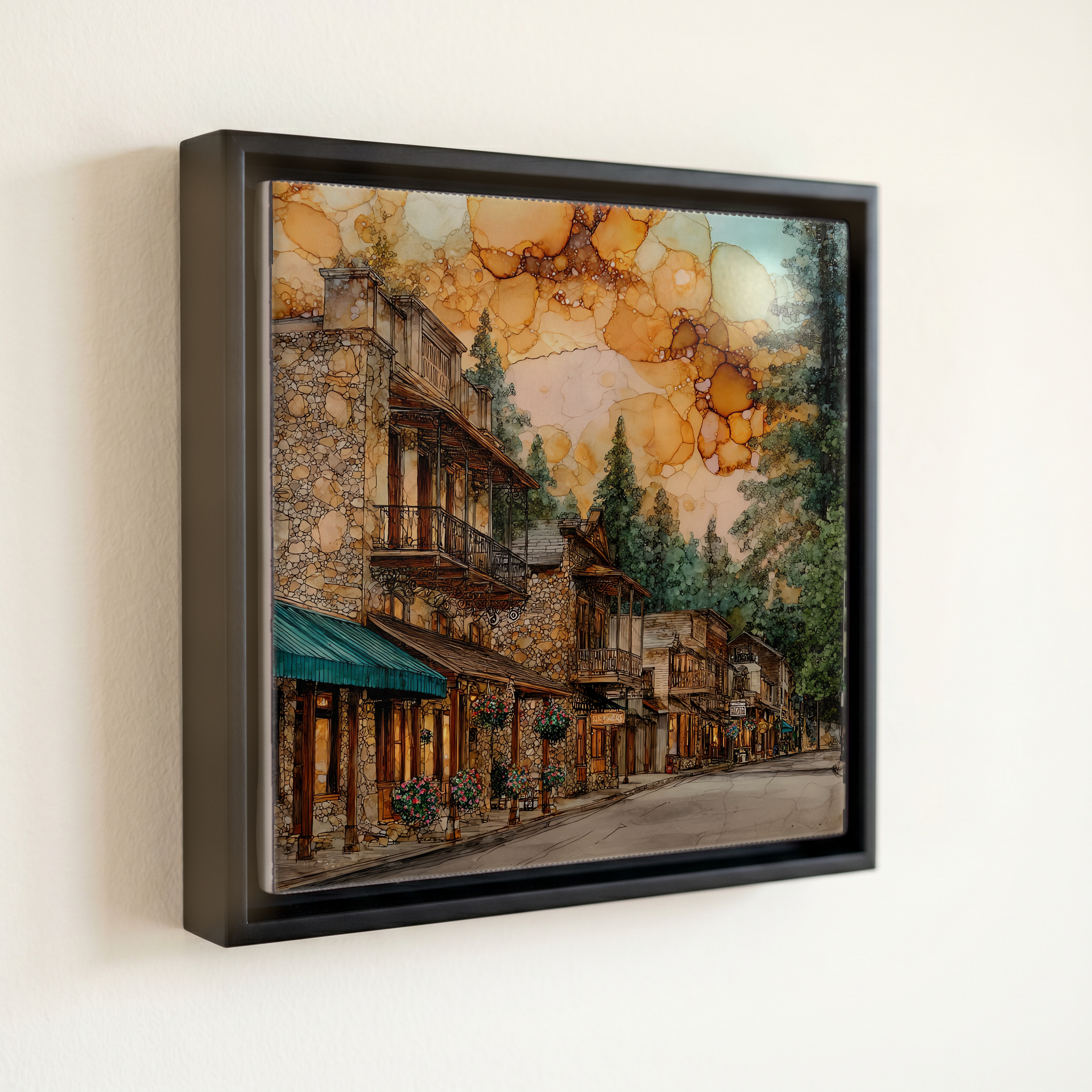 shown in a slim black floating frame · 6 × 6 in