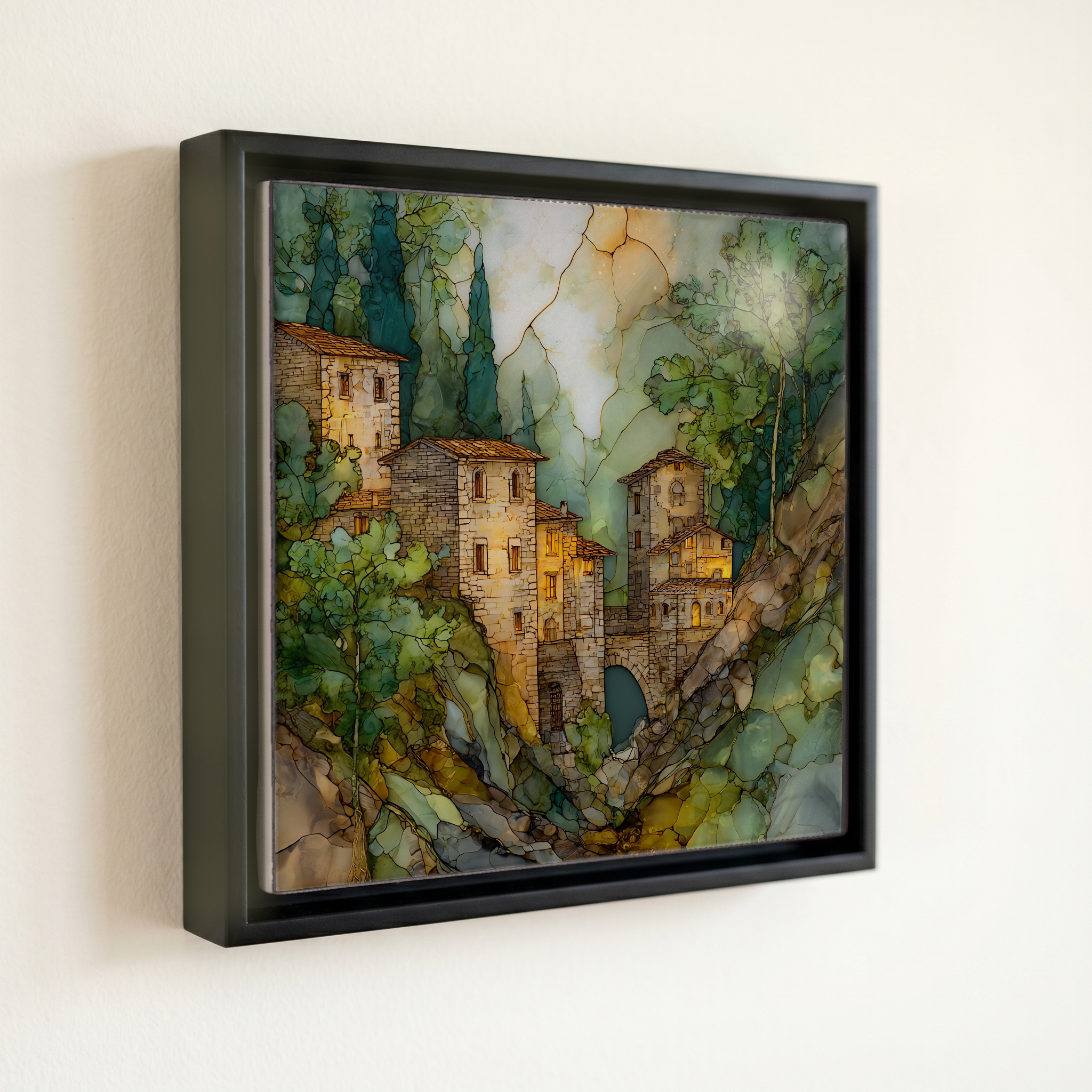 shown in a slim black floating frame · 6 × 6 in